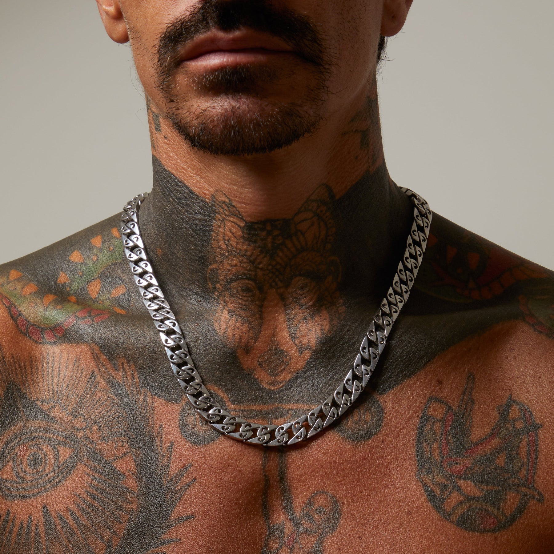 FLAMING TONGUE 9MM Necklace with Black Diamonds, Polished Silver, Black Diamonds - Male Front Worn View