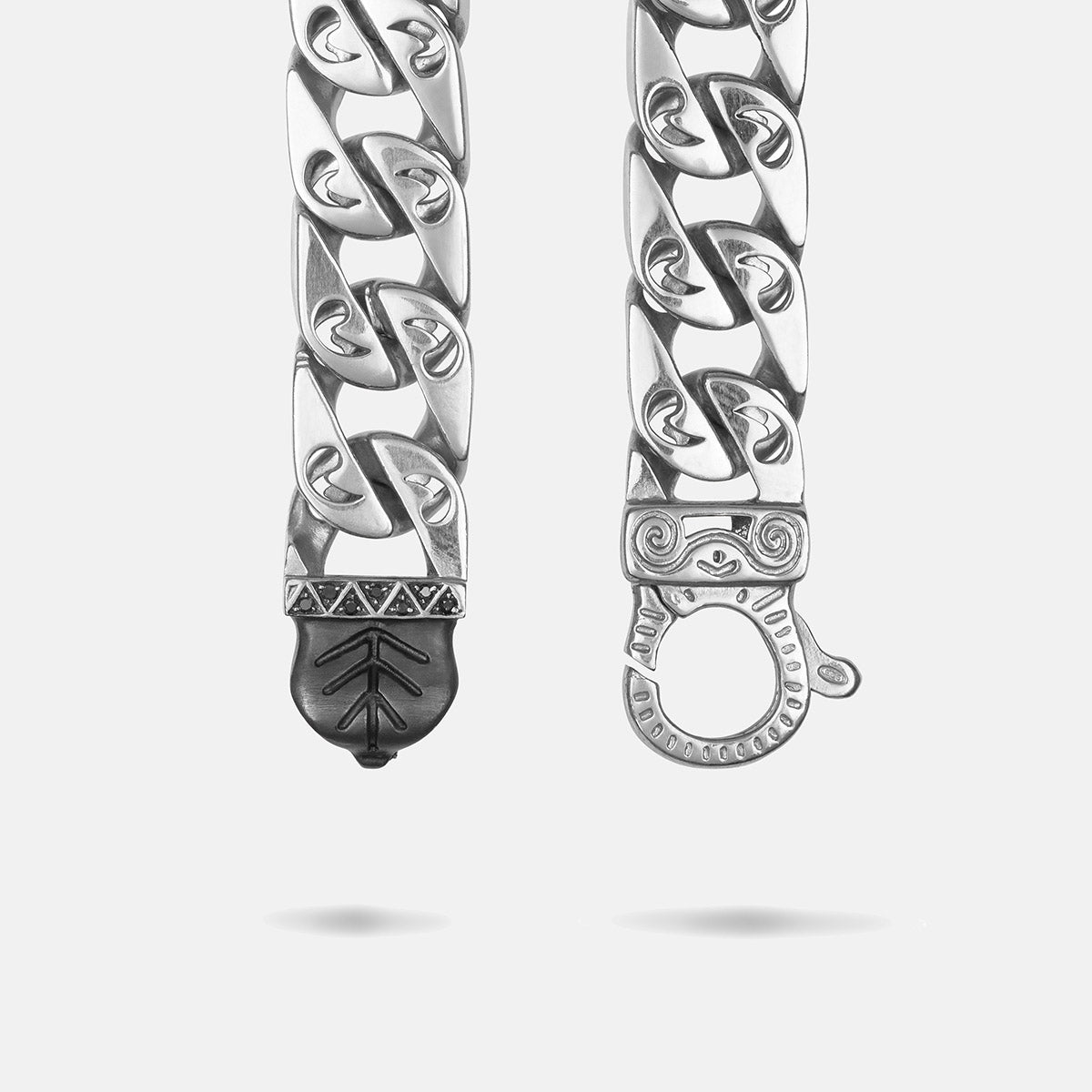 FLAMING TONGUE 9MM Necklace with Black Diamonds, Polished Silver, Black Diamonds - Front Clasp View
