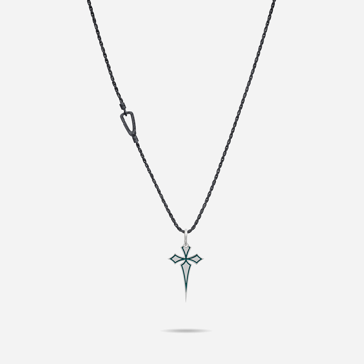 The Cross Oxidized Gothic Pendant, Oxidized Silver, Green Enamel-Straight View