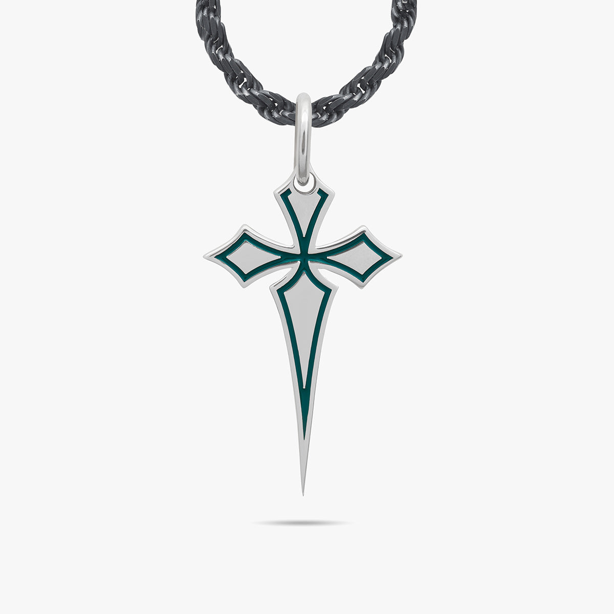 The Cross Oxidized Gothic Pendant, Oxidized Silver, Green Enamel-Standard View
