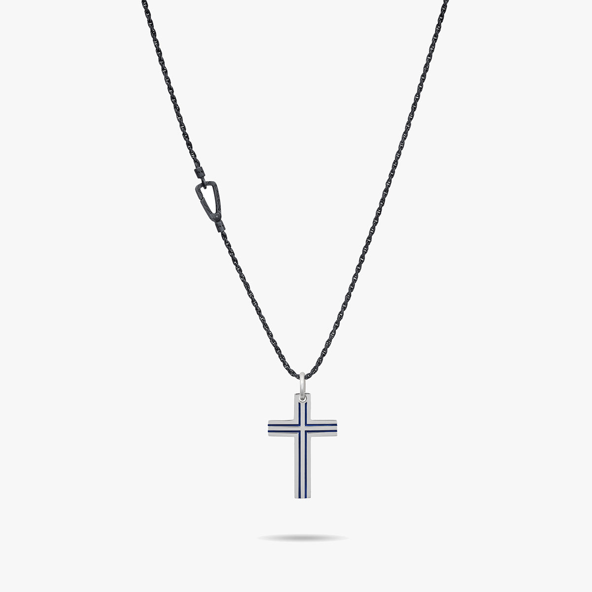 The Cross Double Enamel Pendant, Polished Silver, Blue Enamel-Straight View