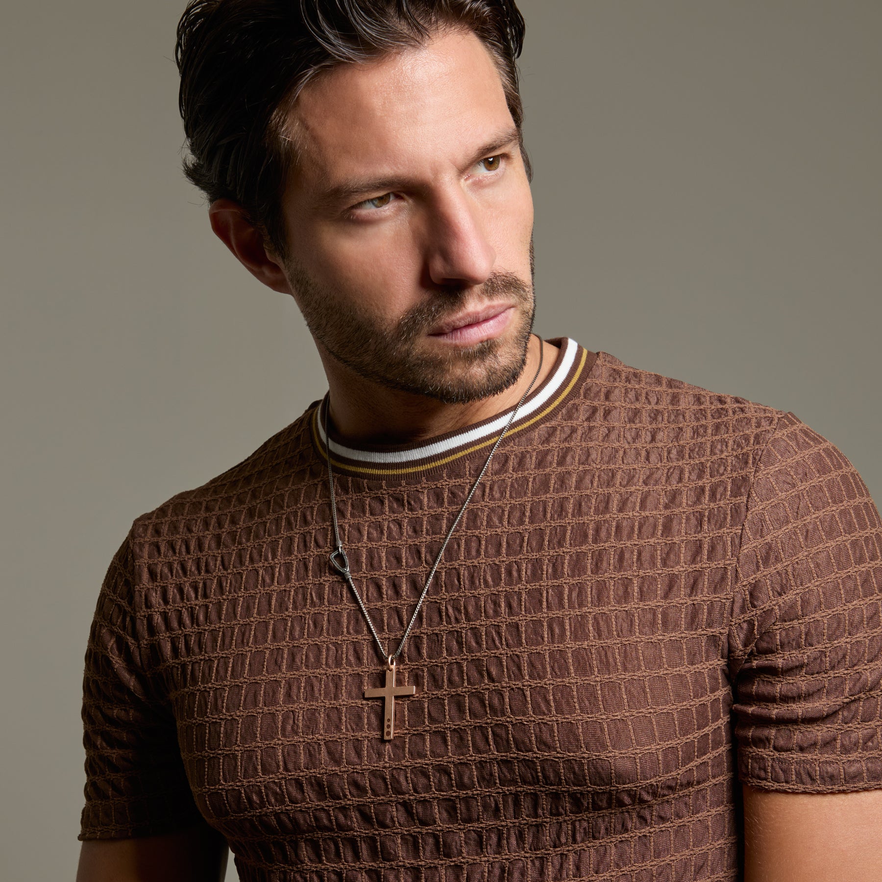 THE CROSS Latin Pendant, Rose Gold Vermeil, Brown Enamel-Model View