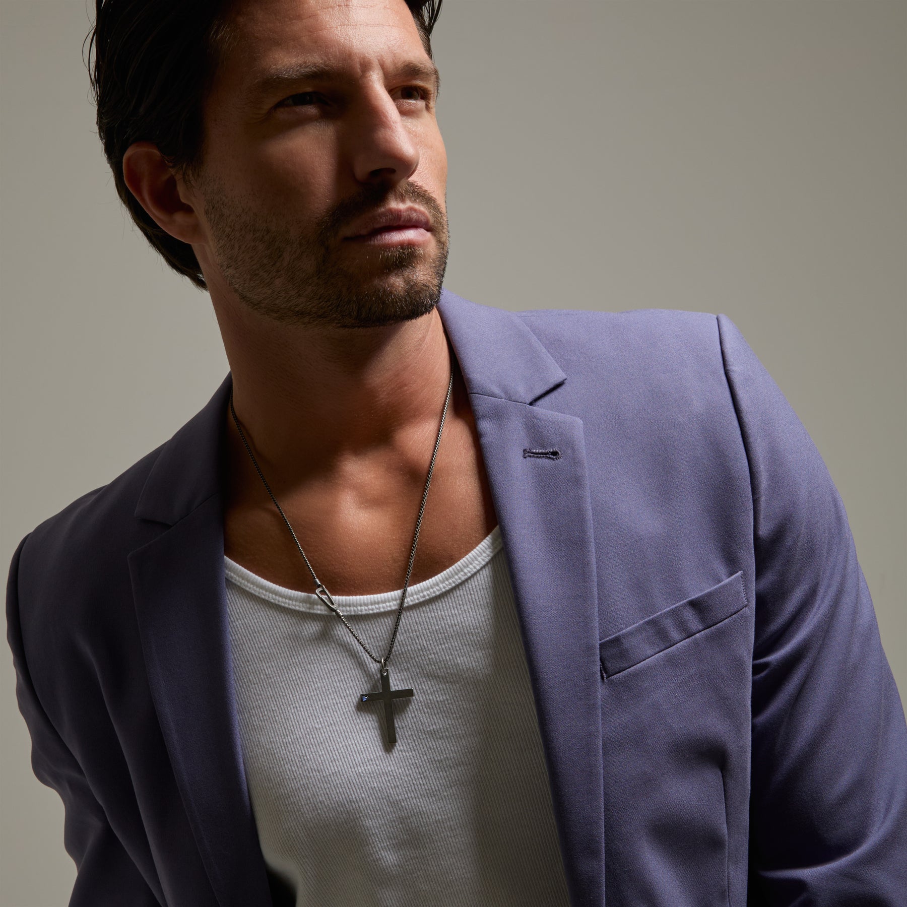 THE CROSS Latin Pendant with Stone, Oxidized Silver, Blue Sapphire-Model View 2