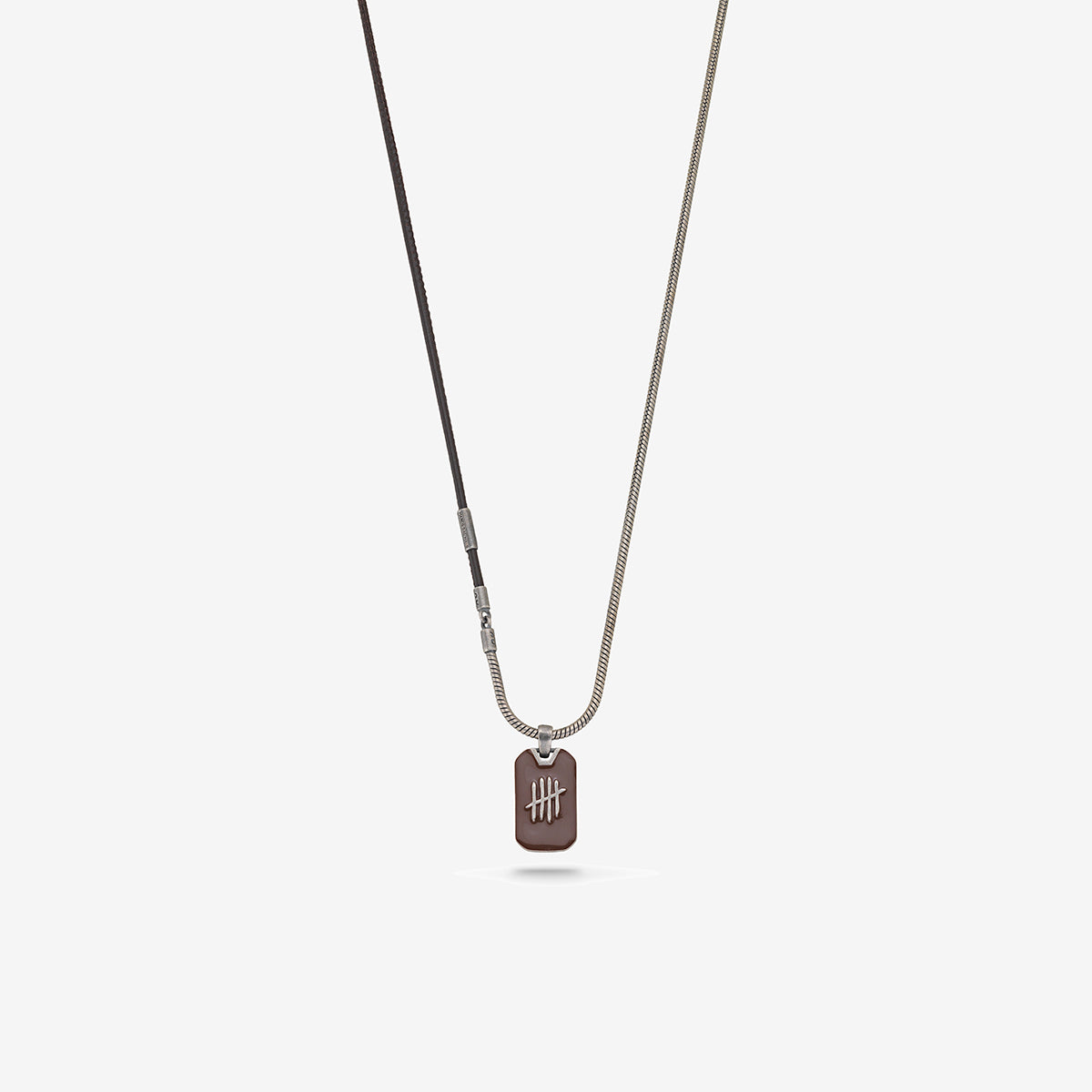 Necklace with a dog tag pendant on a light gray background
