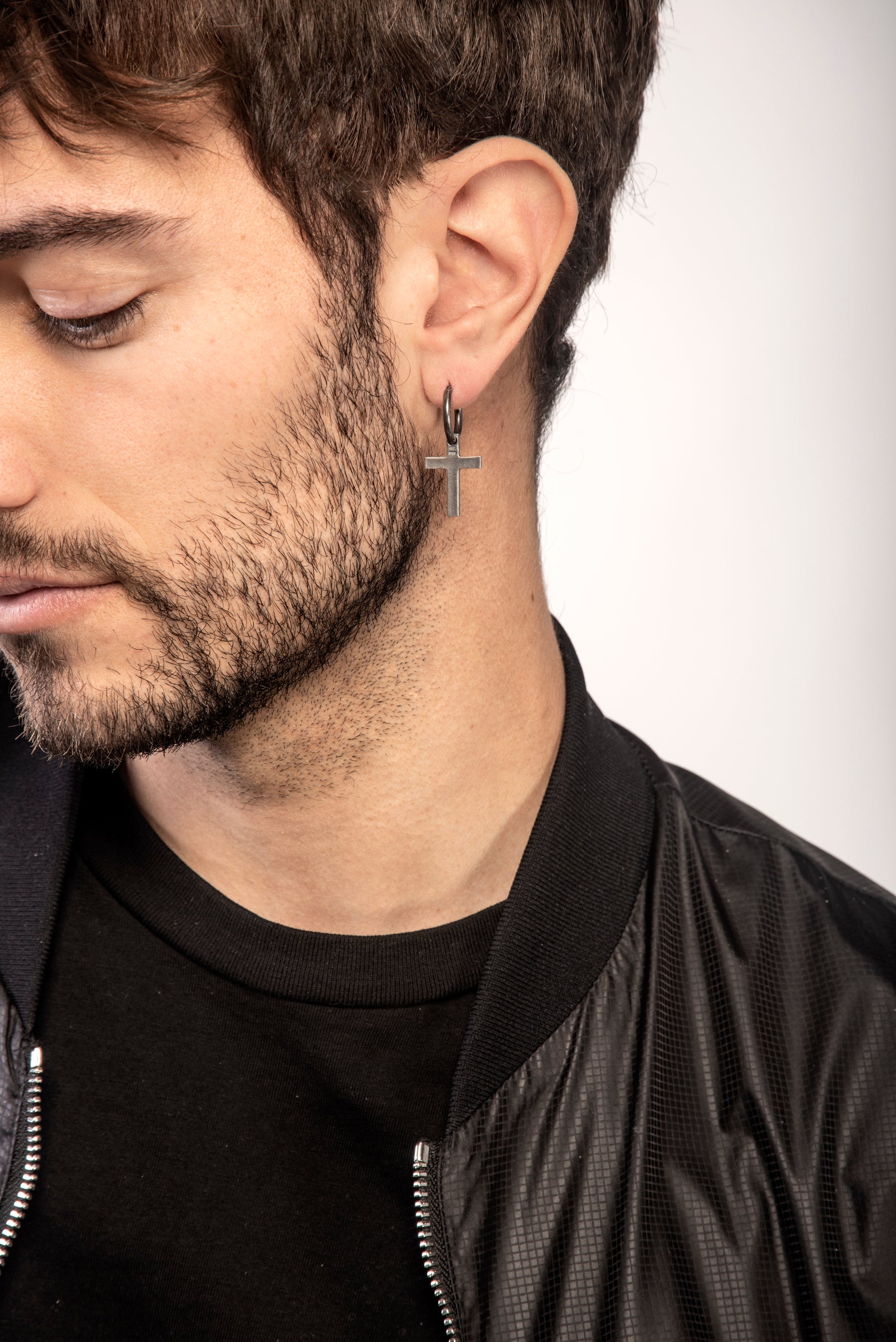 THE CROSS Pendant Earring, Silver, Black Enamel-Model View