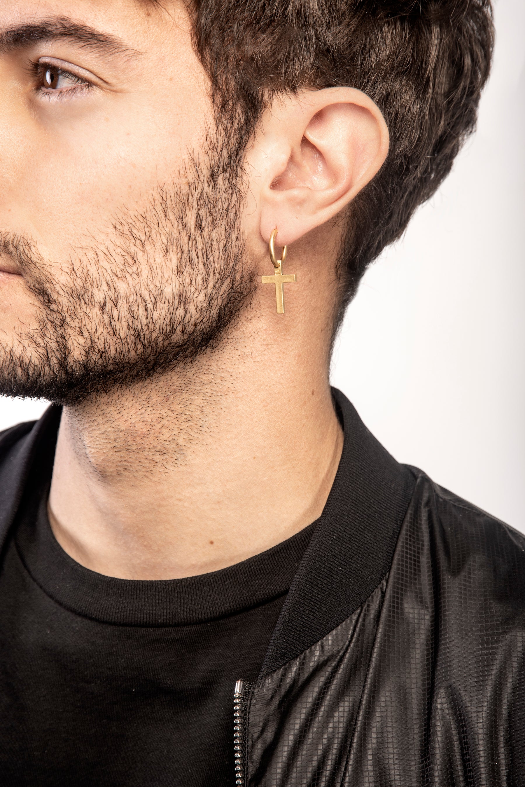 THE CROSS Pendant Earring, Matte Yellow Gold Vermeil-Model View