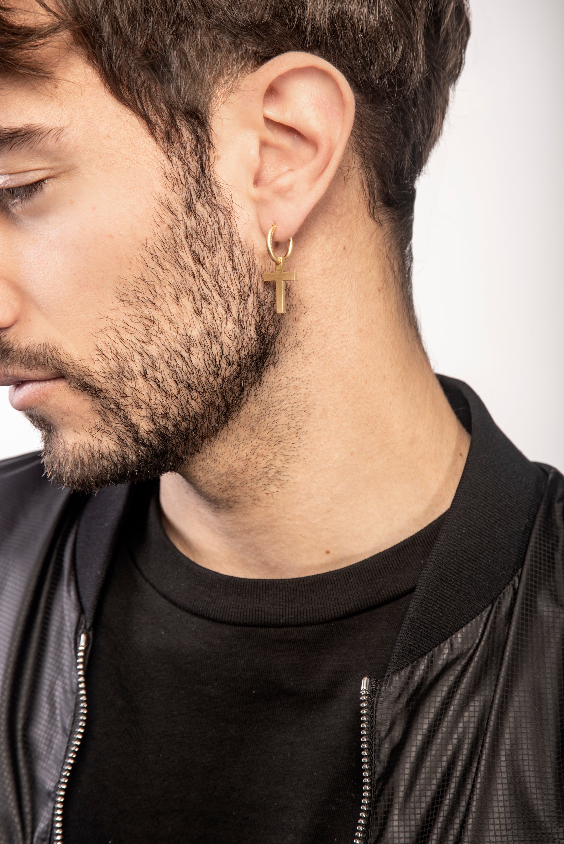 THE CROSS Pendant Earring, Matte Yellow Gold Vermeil-Model View 1
