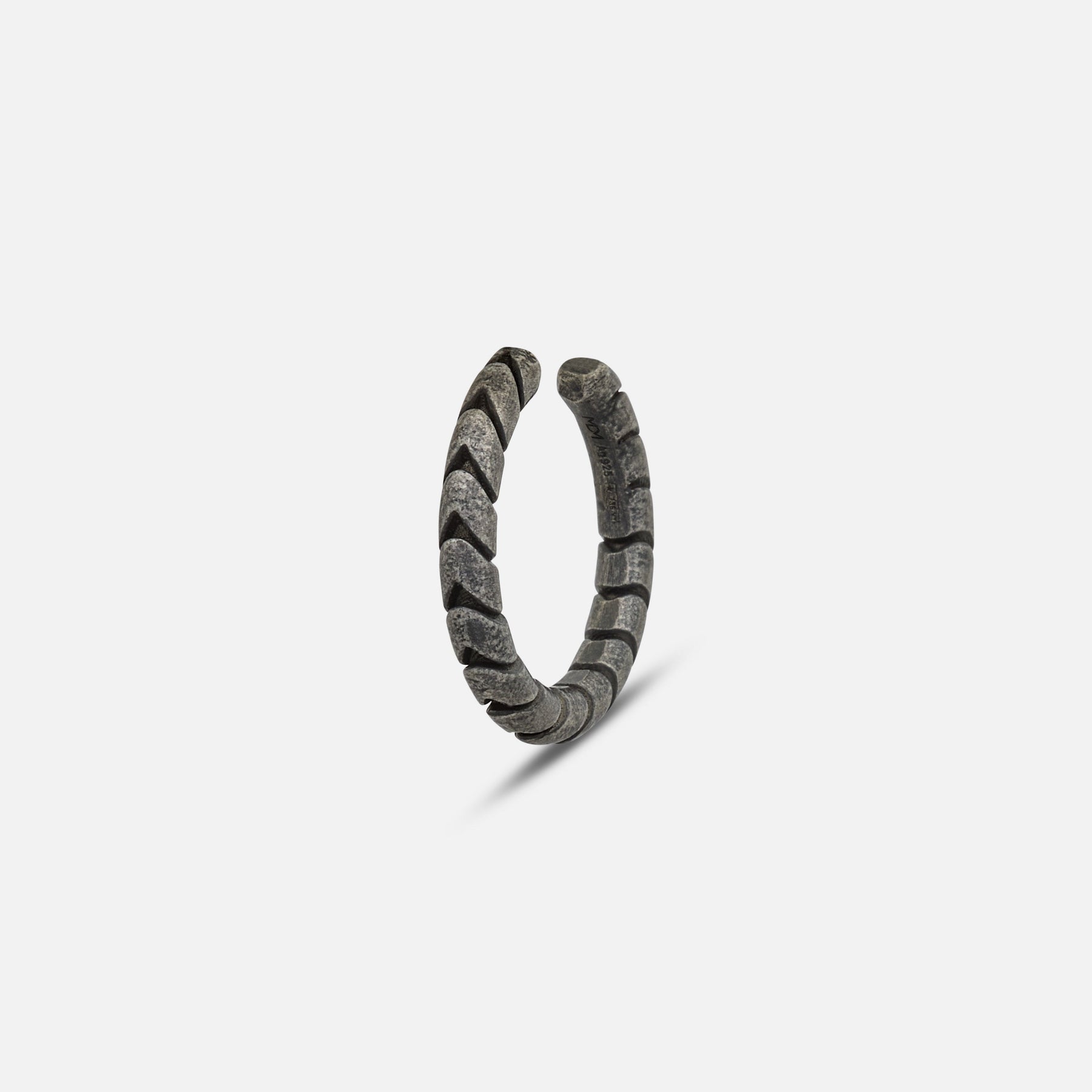 Side view of oxidized silver Iron Snake Slender Ear Cuff showing slim profile.