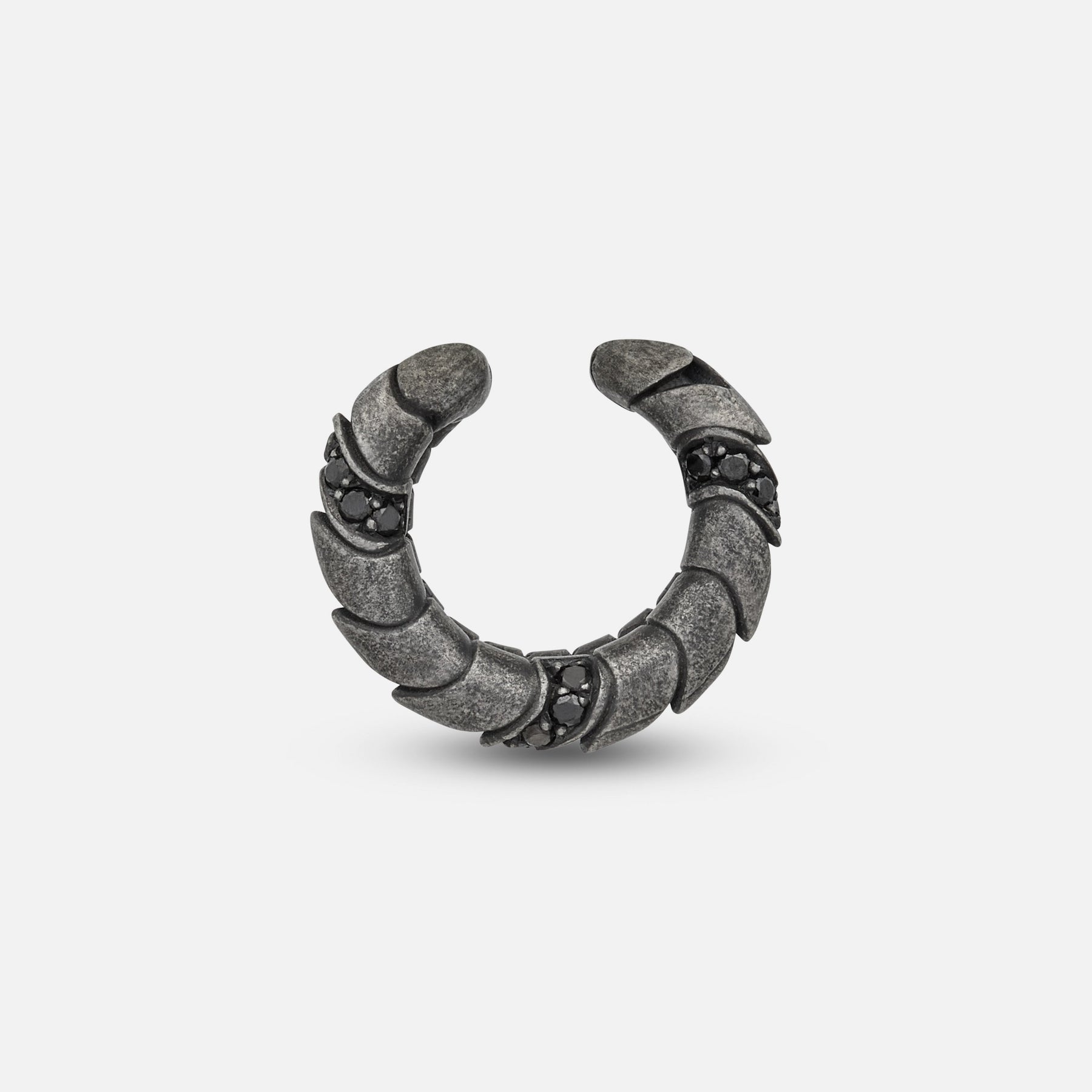 Side view of oxidized silver Iron Snake ear cuff showing Pave diamond detailing