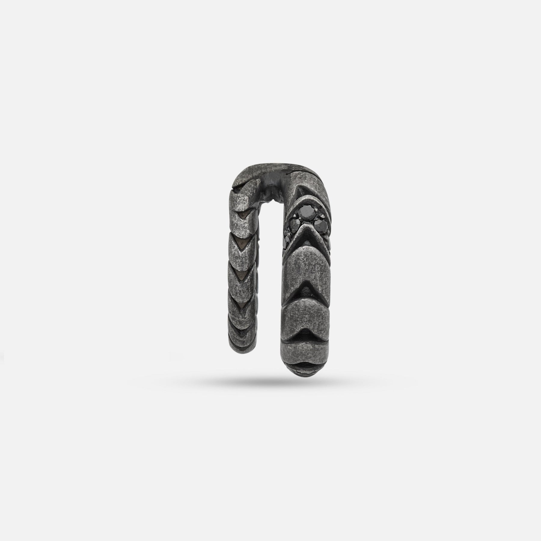Front view of oxidized silver Iron Snake ear cuff showing Pave diamond detailing