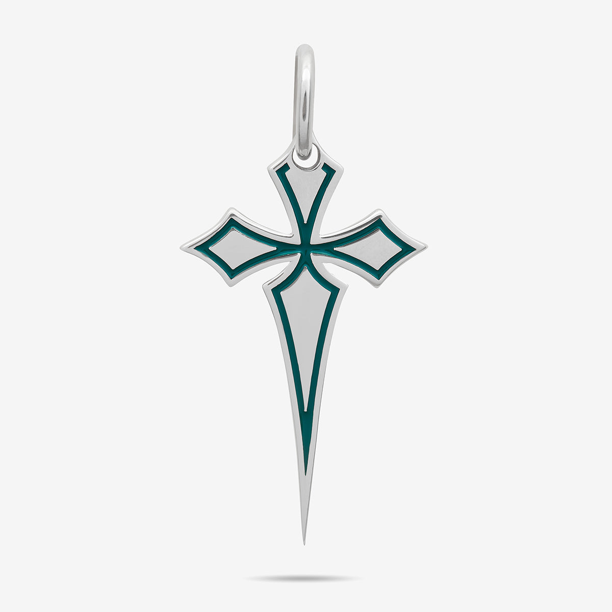 THE CROSS Gothic Amulet with Enamel, Polished Silver, Green Enamel-Standard View