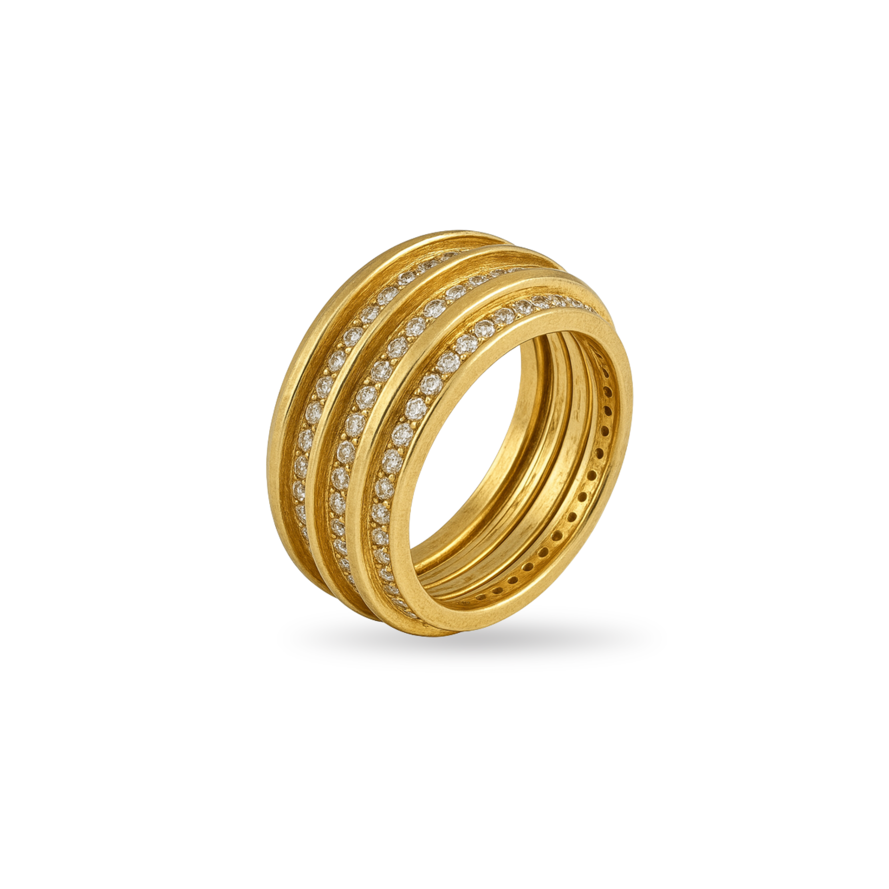 Gold ring with multiple bands and embedded stones on a white background