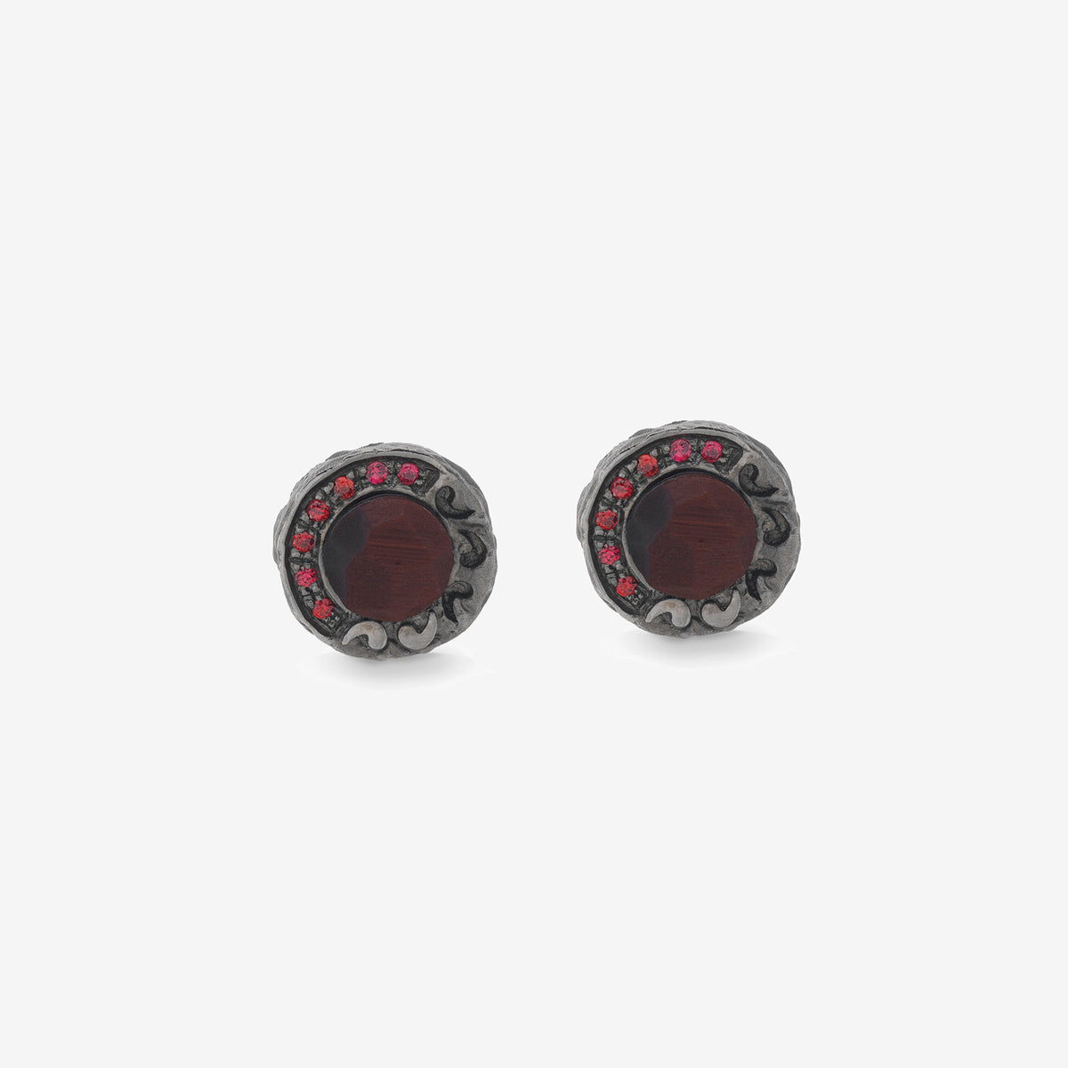 Warrior Single 18KT Black Gold Stud Earring with tiger eye and red sapphires