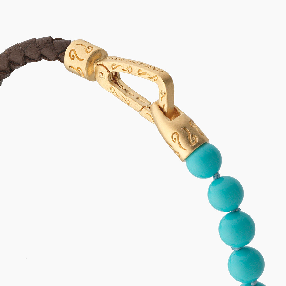 LASH 6 mm Beaded Bracelet, Yellow Gold Vermeil, Turquoise, Brown Leather-Close View