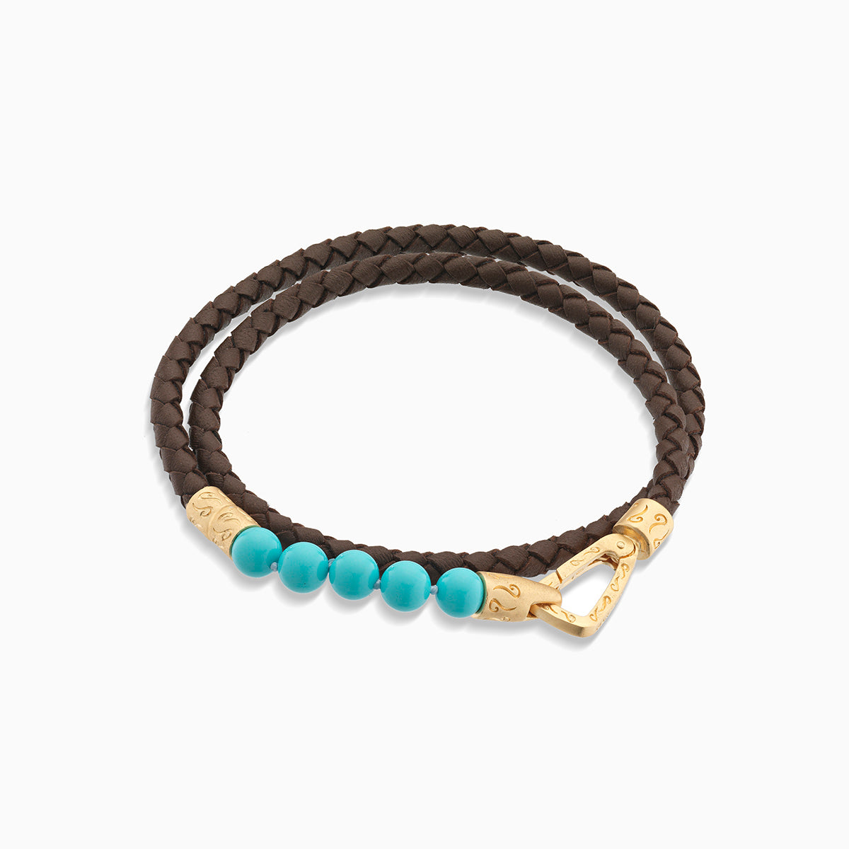 LASH 6 mm Beaded Double Bracelet, Yellow Gold Vermeil, Turquoise, Brown Leather-Straight View