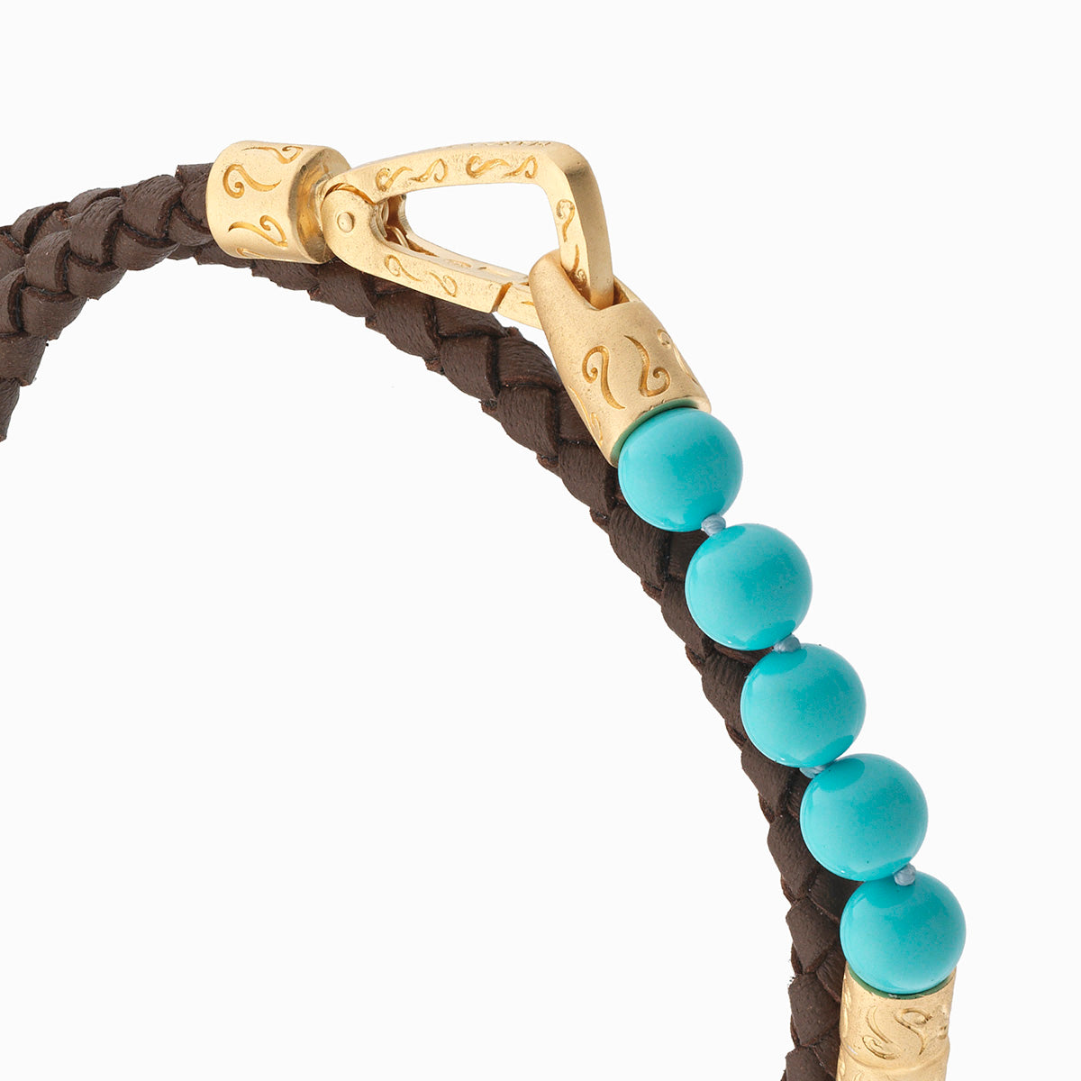 LASH 6 mm Beaded Double Bracelet, Yellow Gold Vermeil, Turquoise, Brown Leather-Close View