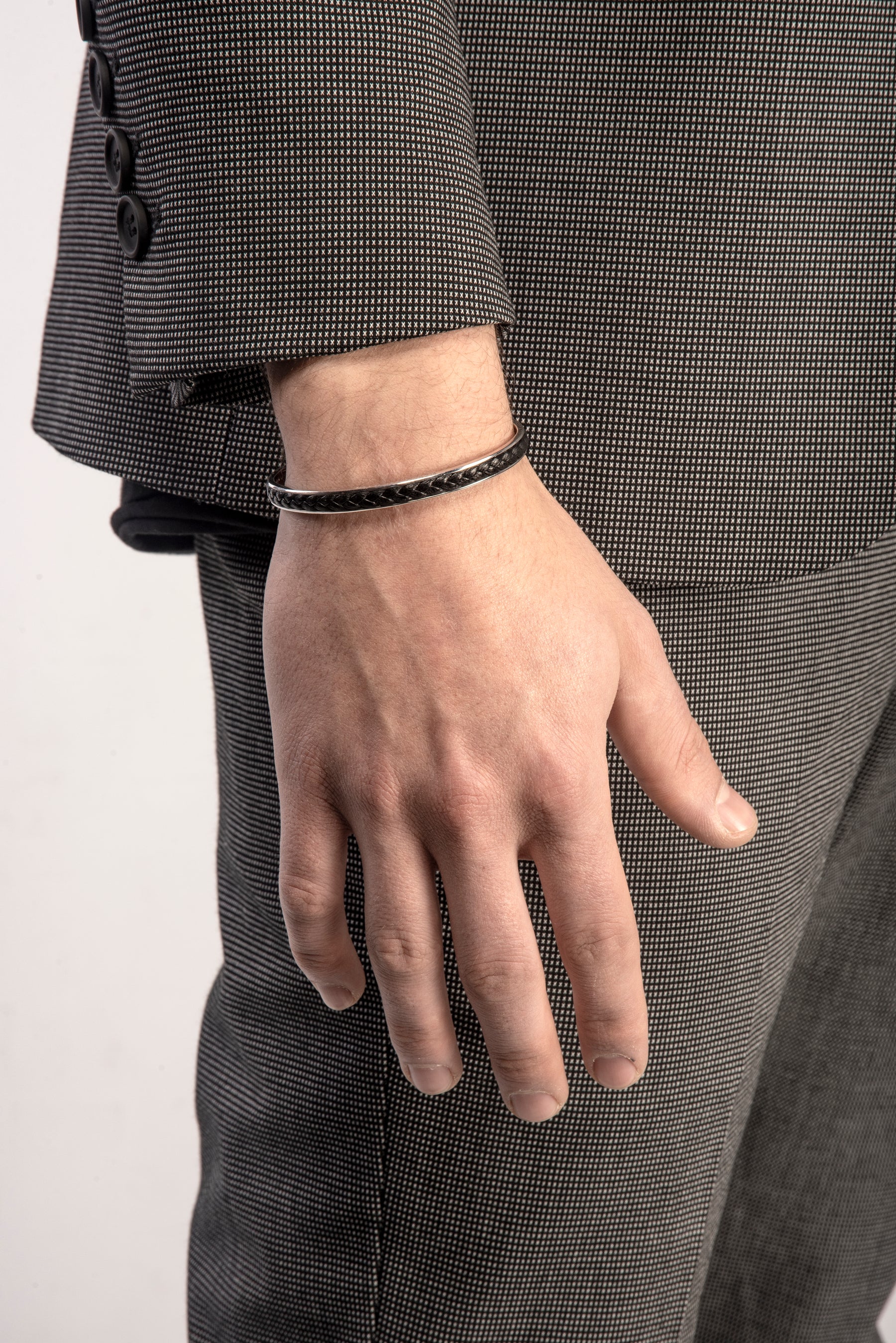 LASH braided Cuff, Oxidized Silver, Black Leather-Model View