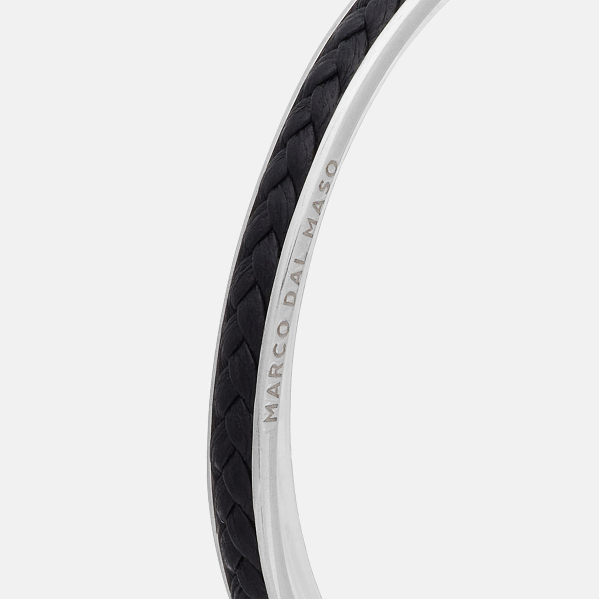 LASH braided Cuff, Polished Silver, Black Leather-Close View