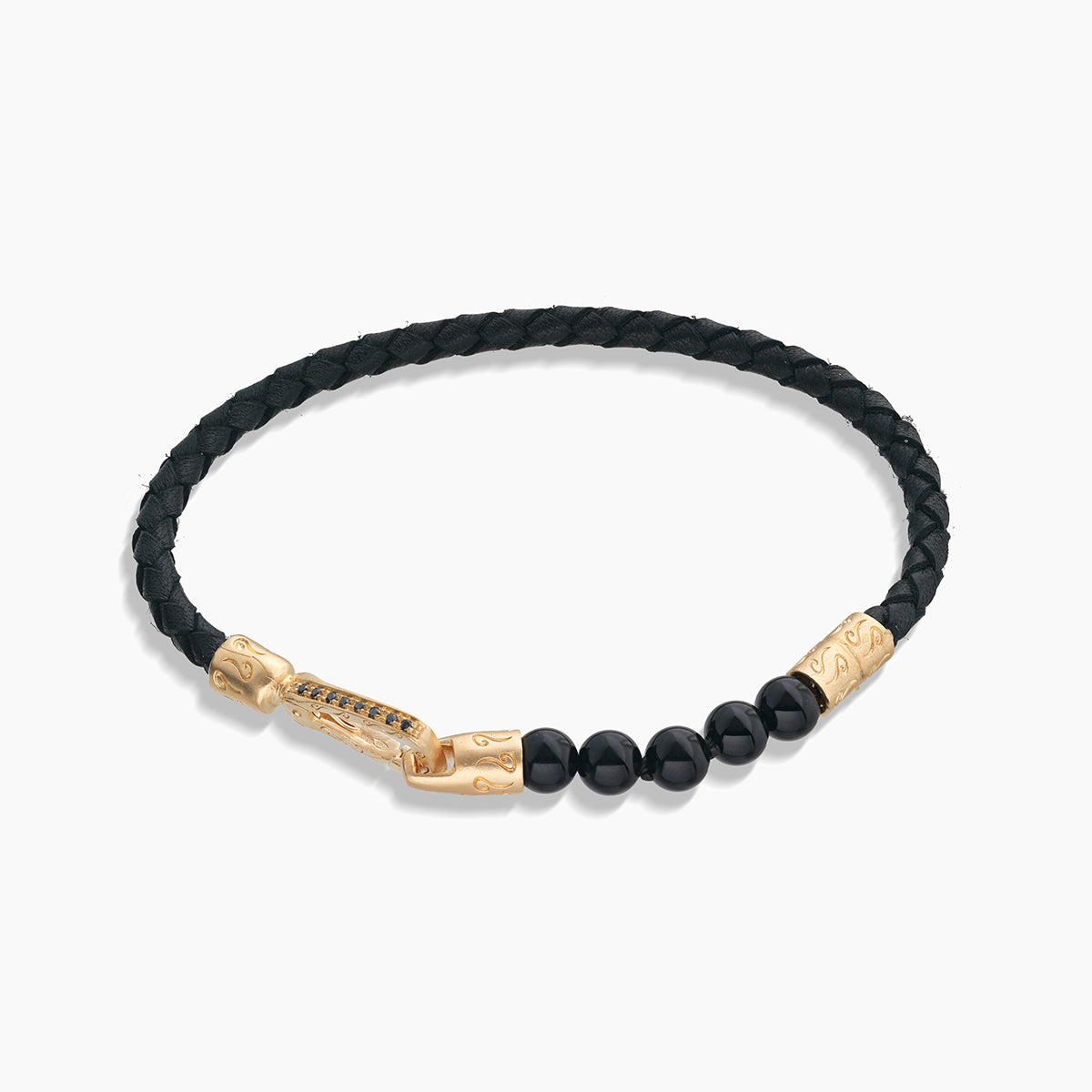 LASH 6 mm Beaded Diamond Bracelet, Yellow Gold Vermeil, Black Diamonds, Onyx, Black Leather-Straight View