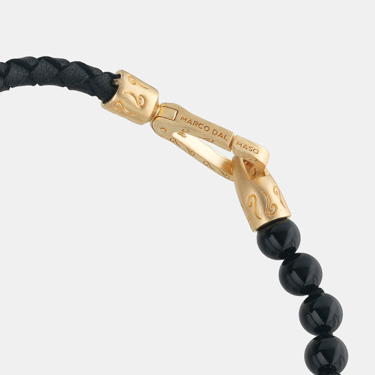 LASH 6 mm Beaded Diamond Bracelet, Yellow Gold Vermeil, Black Diamonds, Onyx, Black Leather-Close View