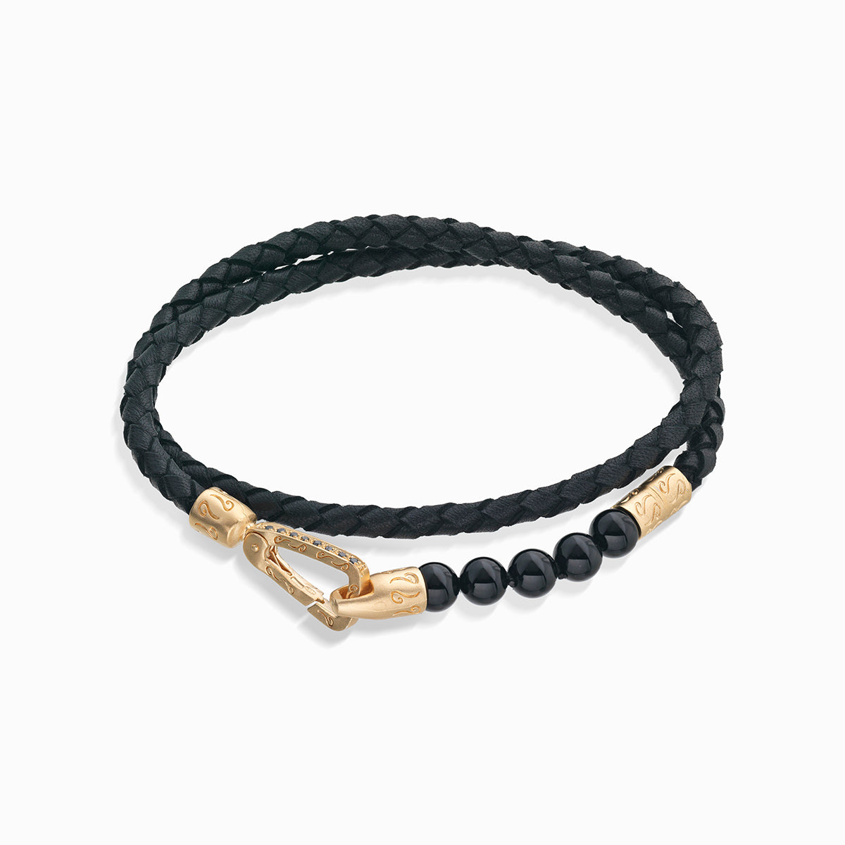LASH 6 mm Beaded Diamond Double Bracelet, Yellow Gold Vermeil, Black Diamonds, Onyx, Black Leather-Straight View