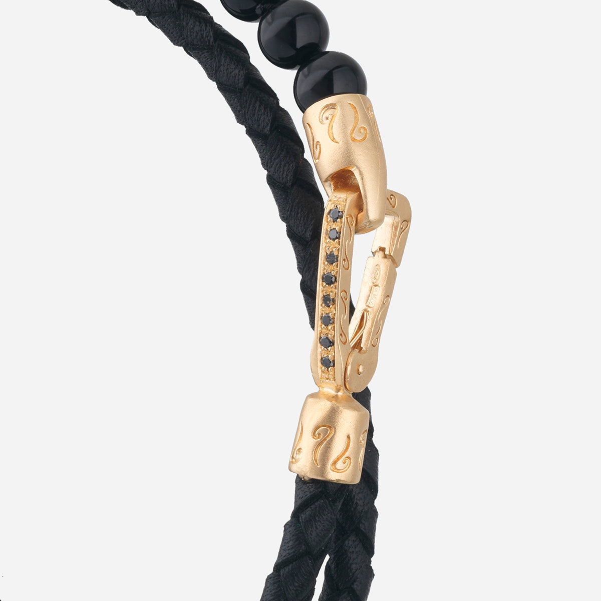 LASH 6 mm Beaded Diamond Double Bracelet, Yellow Gold Vermeil, Black Diamonds, Onyx, Black Leather-Close View