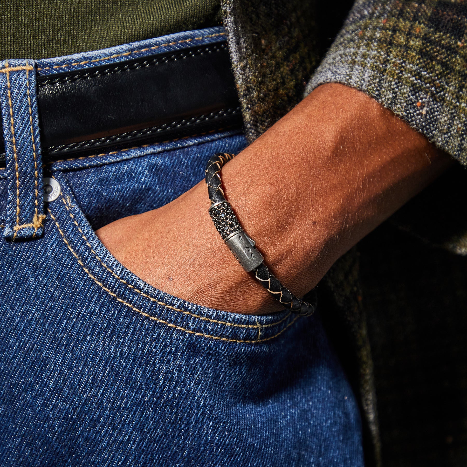 LASH Cylinder Gemstone Clasp Bracelet, Oxidized Silver, Black Diamonds, Black Leather-Model View