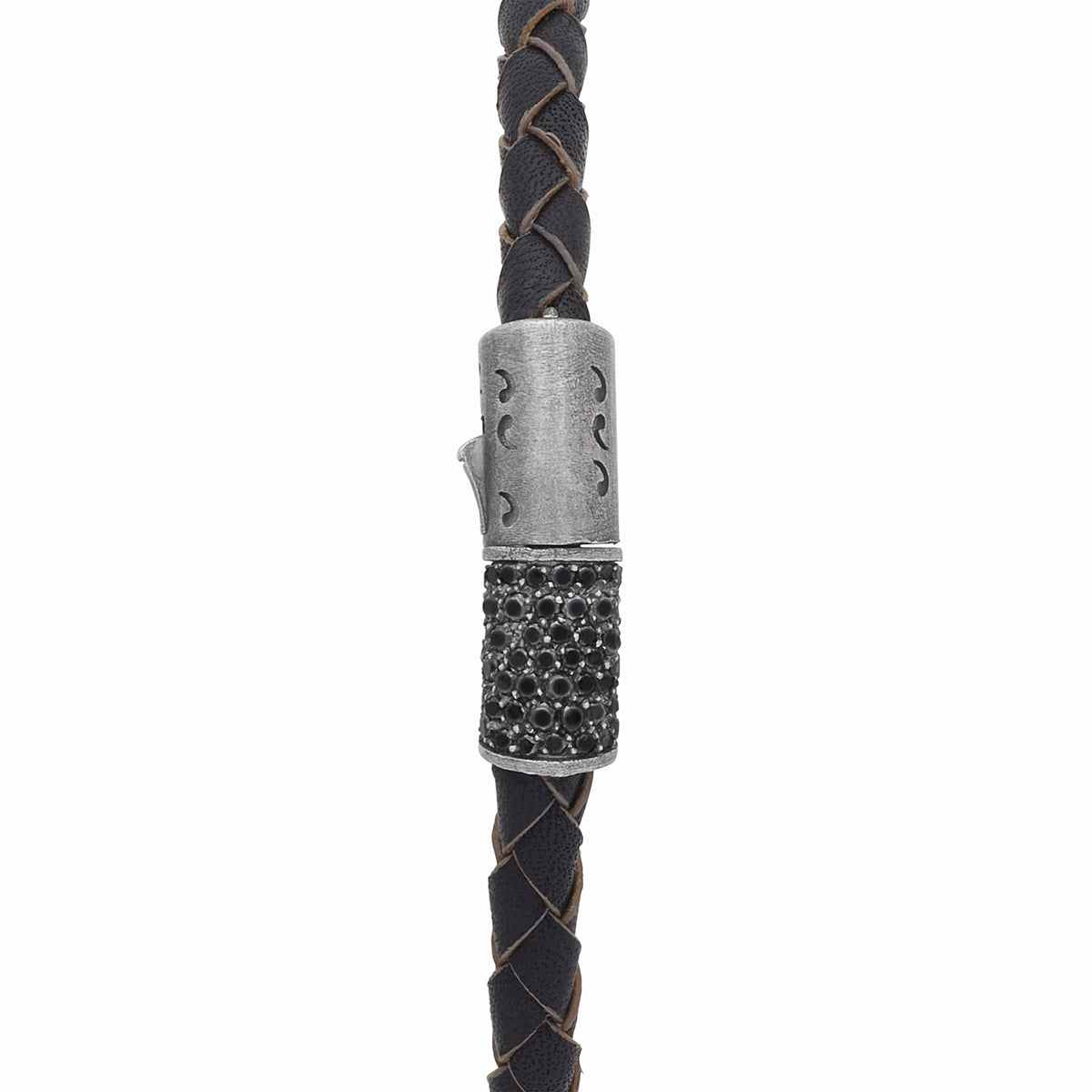 LASH Cylinder Gemstone Clasp Bracelet, Oxidized Silver, Black Diamonds, Black Leather-Straight View
