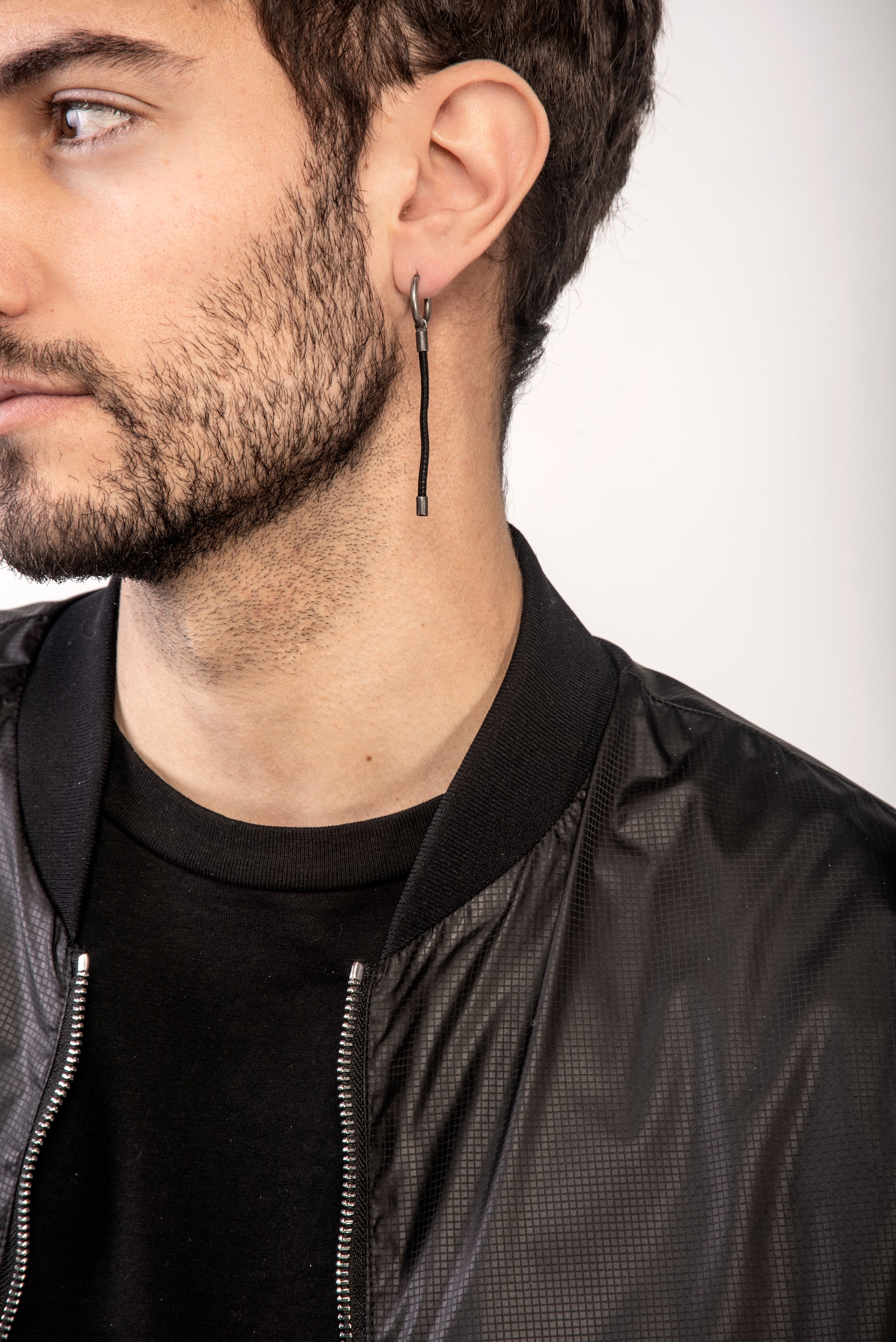 LASH Long Drop Earring, Black Leather-Model View