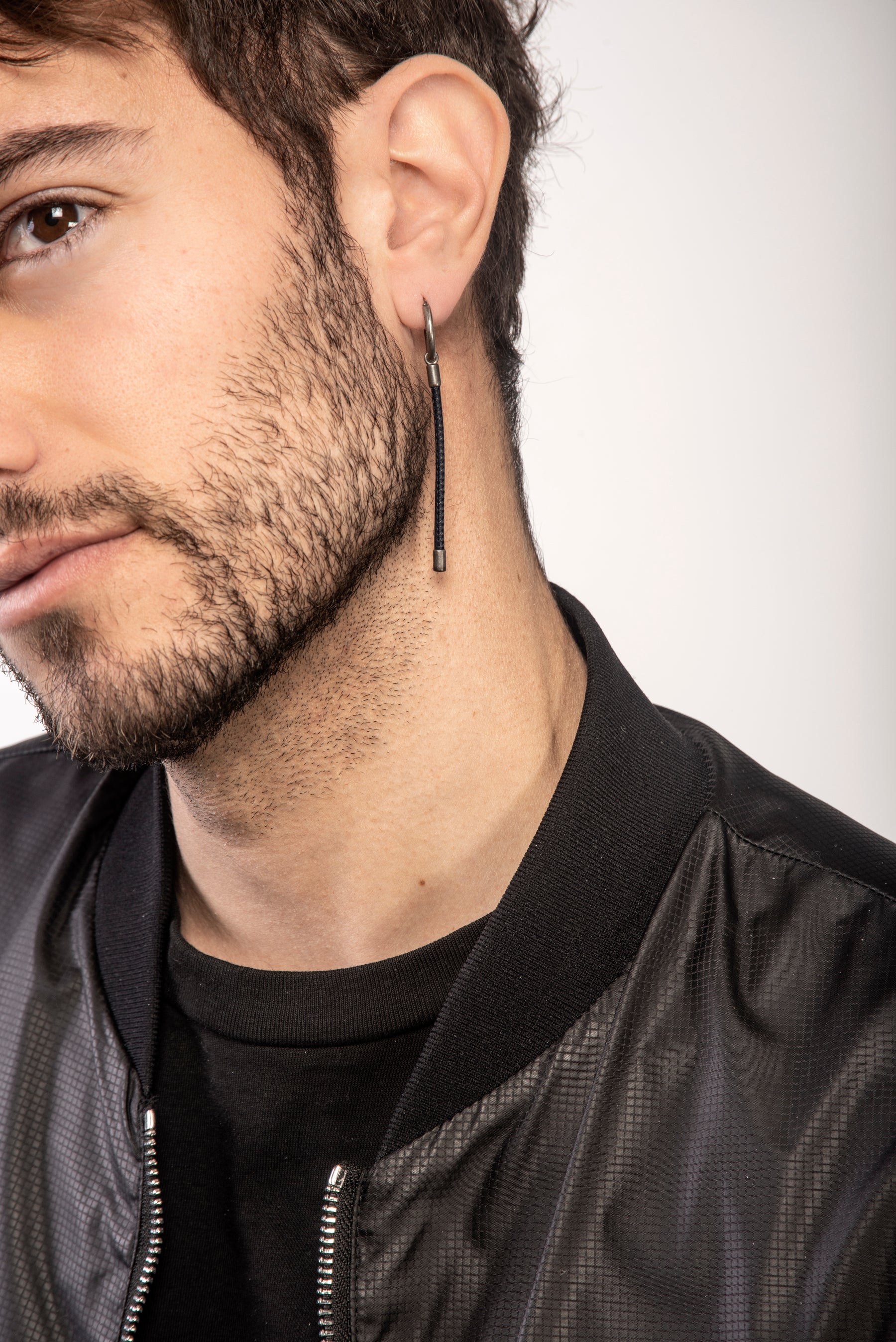 LASH Long Drop Earring, Black Leather-Model View1
