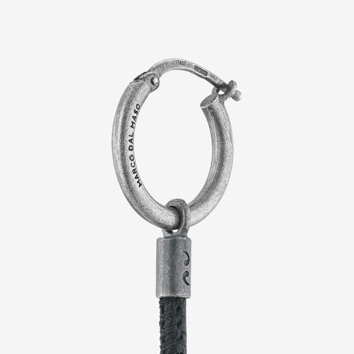 LASH Long Drop Earring, Black Leather-Close View