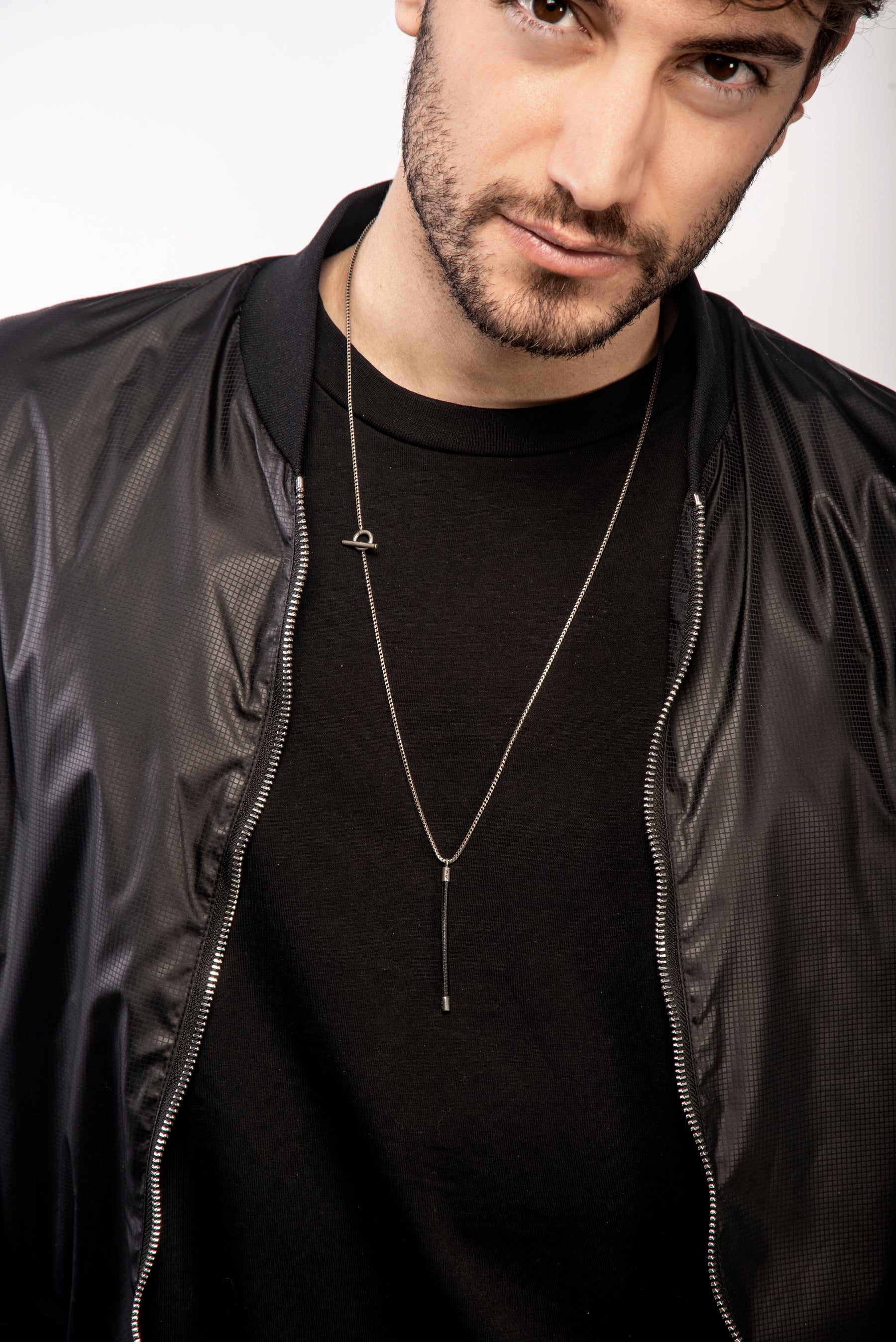 LASH Long Drop Necklace, Black Leather-Model View