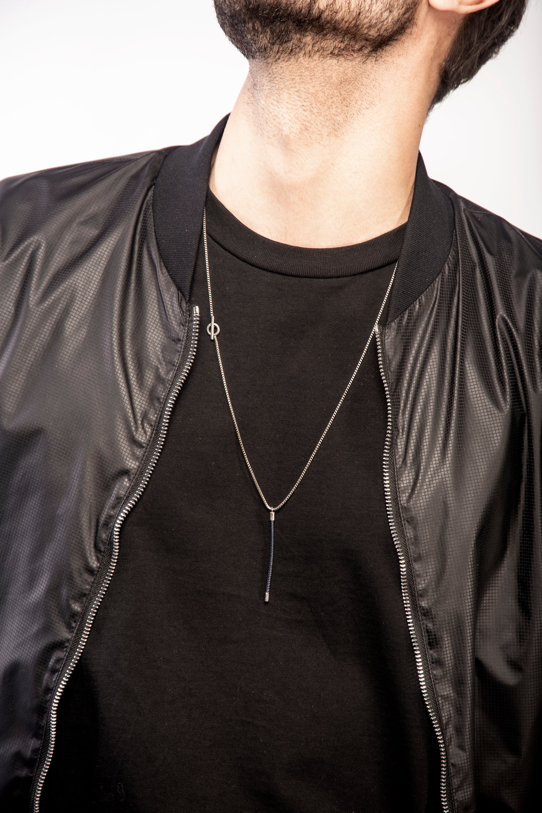 LASH Long Drop Necklace, Blue Leather-Model View