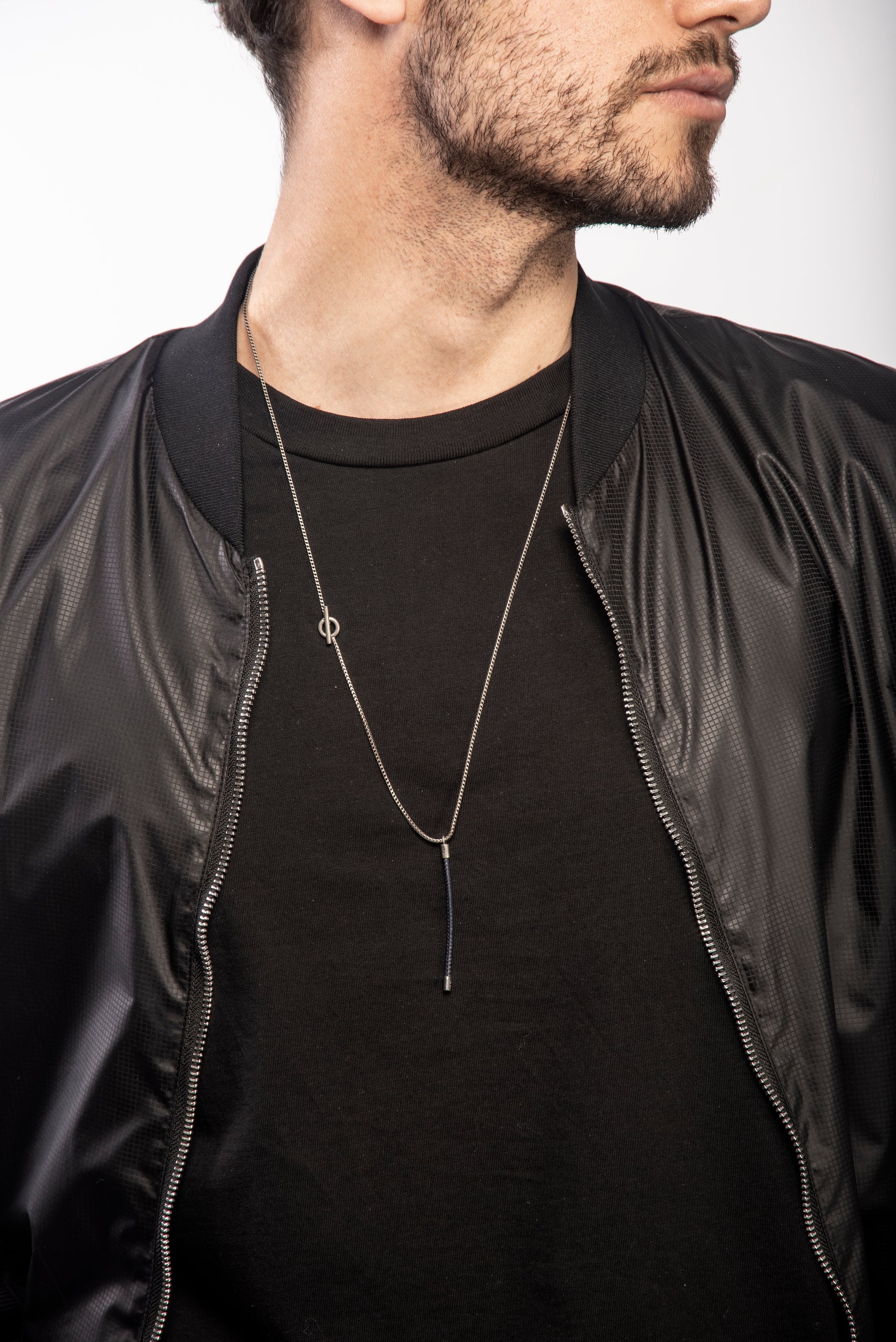 LASH Long Drop Necklace, Blue Leather-Model View1
