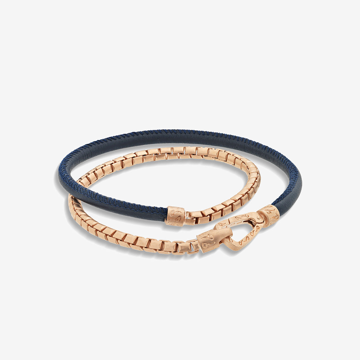 LASH Box Chain & Smooth Leather Bracelet, Rose Gold Vermeil, Blue Leather-Straight View