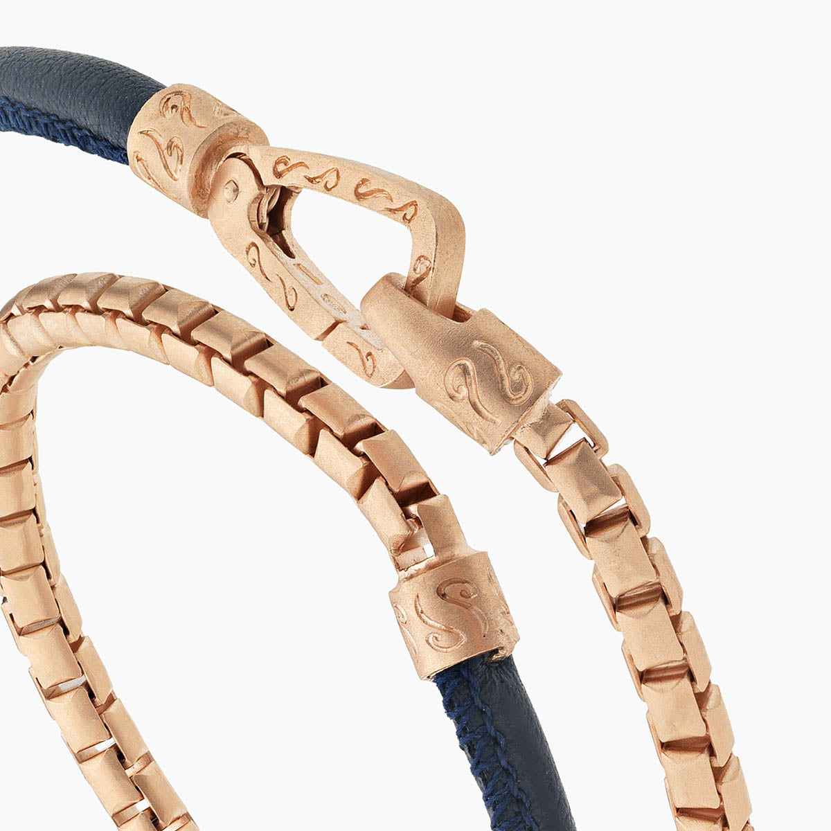 LASH Box Chain & Smooth Leather Bracelet, Rose Gold Vermeil, Blue Leather-Close View