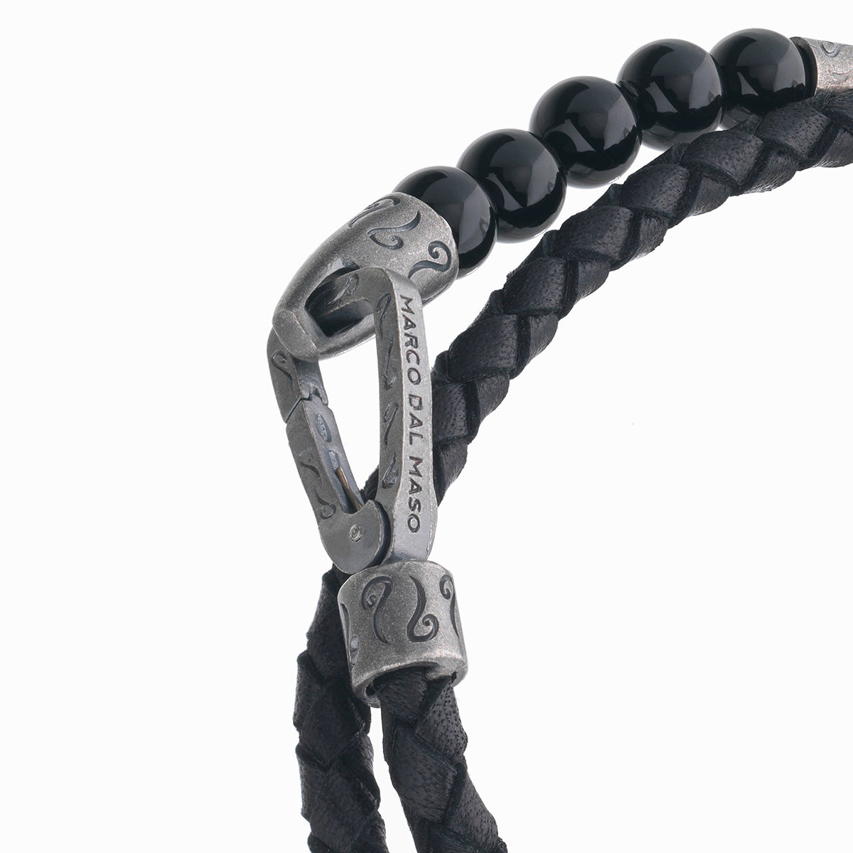 LASH 6 mm Beaded Double Bracelet, Silver, Onyx, Black Leather-Close View