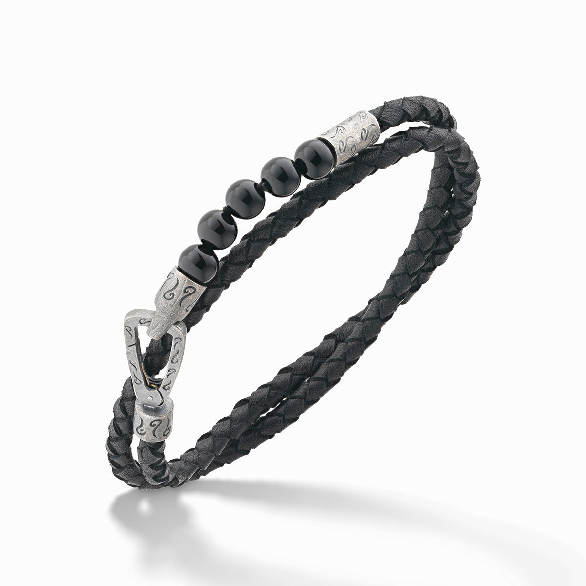 LASH 6 mm Beaded Double Bracelet, Silver, Onyx, Black Leather-Standard View