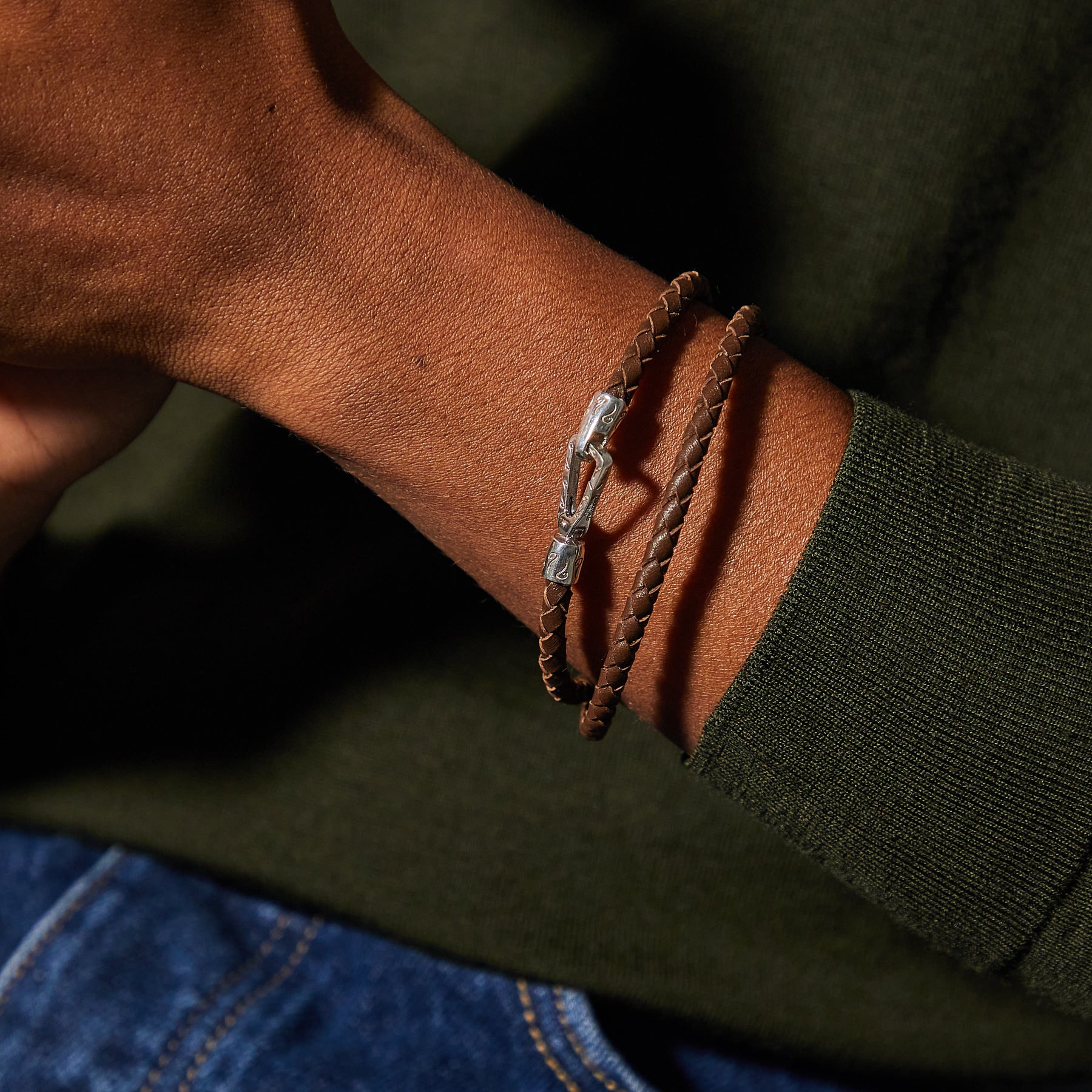 Lash Double Wrap braided Bracelet, Polished Silver, Brown Leather-Model View