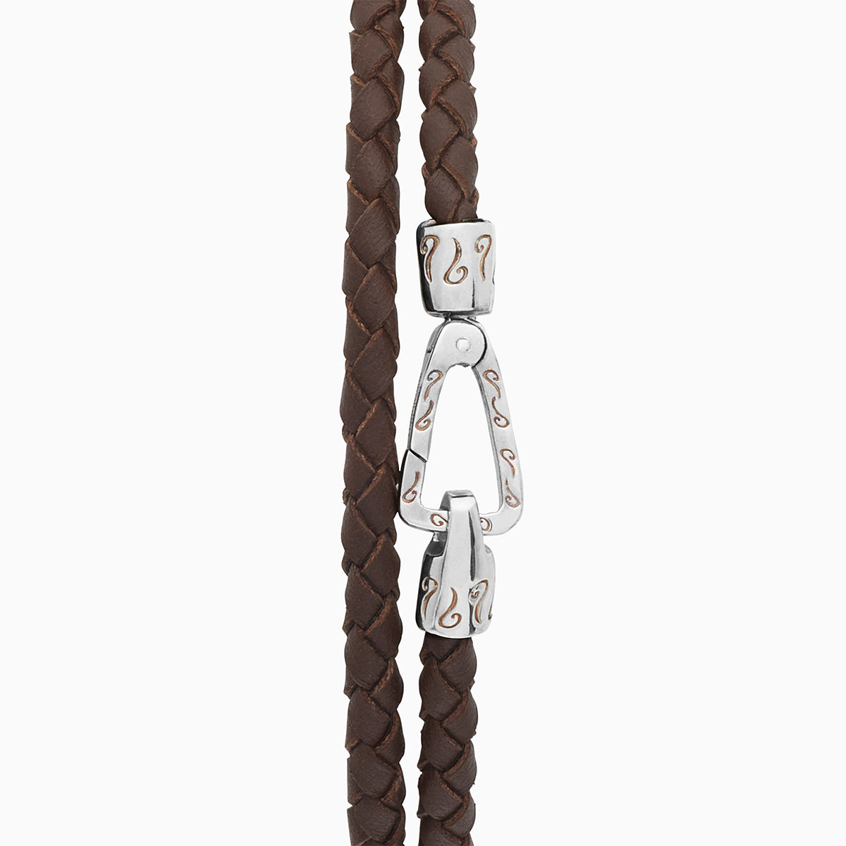 Lash Double Wrap braided Bracelet, Polished Silver, Brown Leather-Straight View