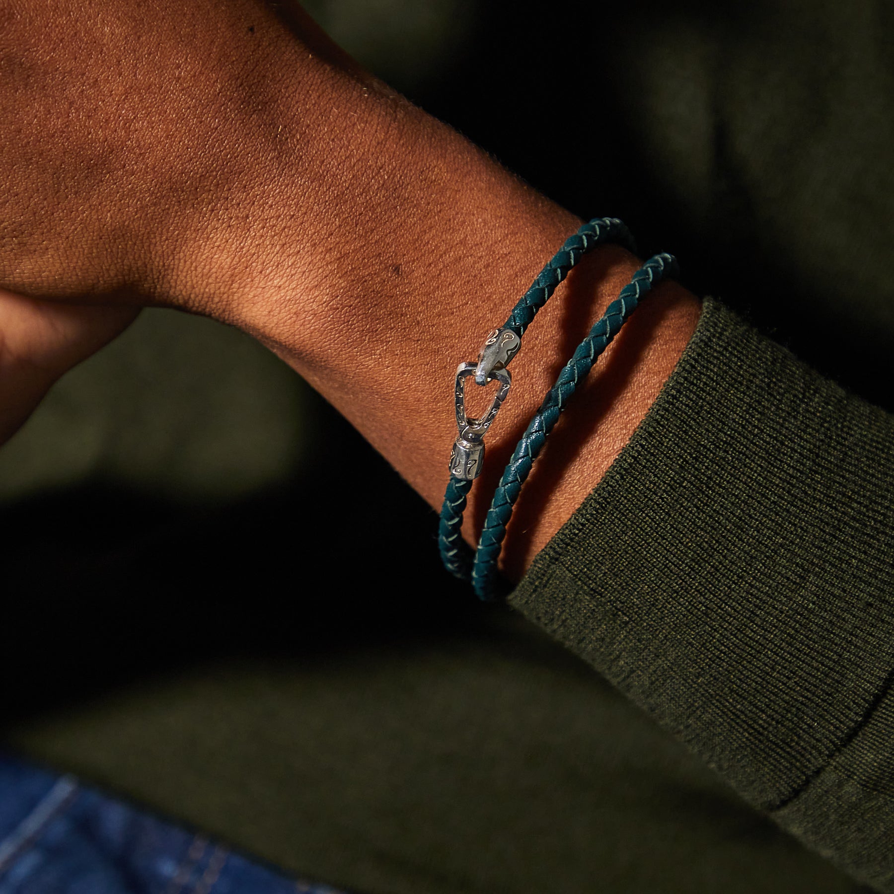 Lash Double Wrap braided Bracelet, Polished Silver, Green Leather-Model View
