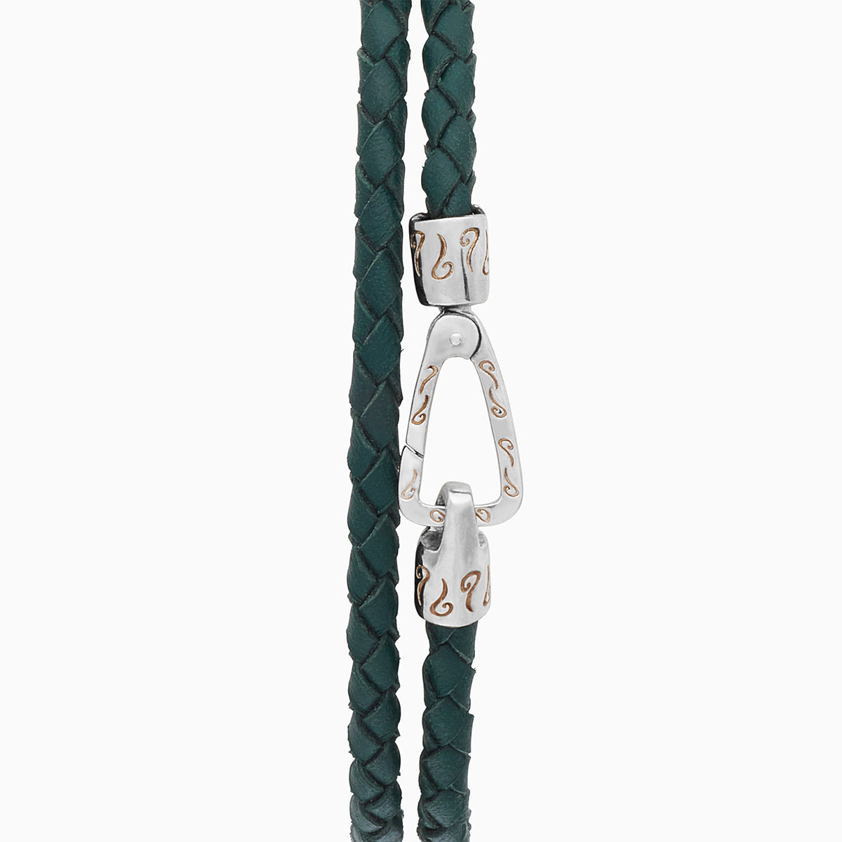 Lash Double Wrap braided Bracelet, Polished Silver, Green Leather-Straight View