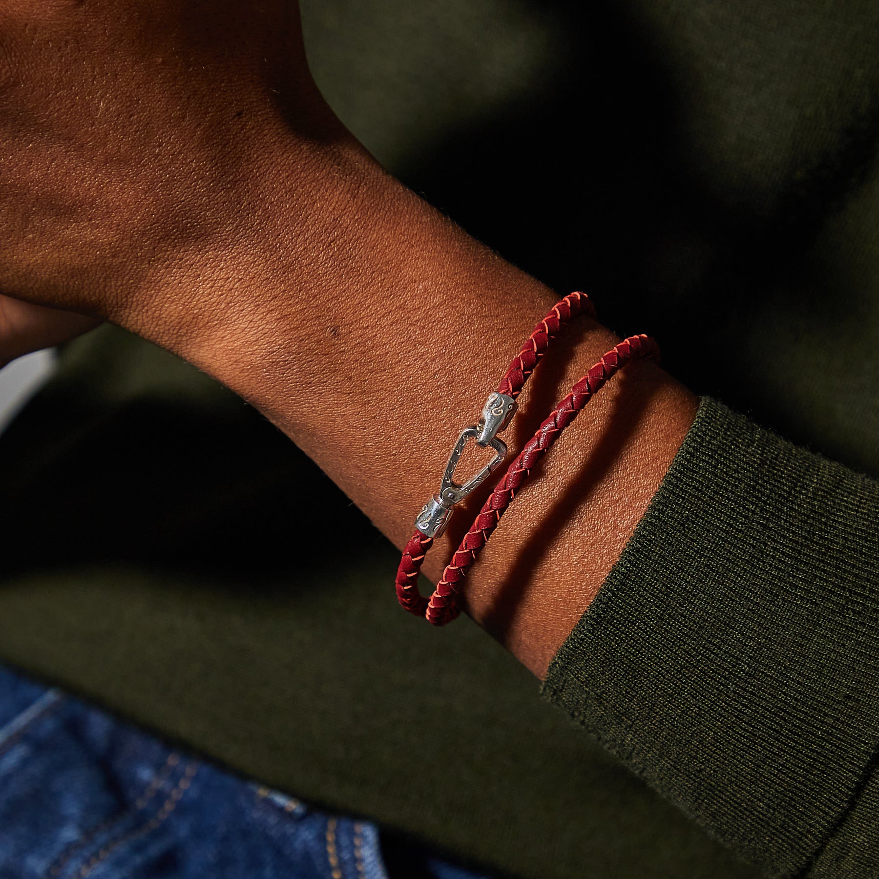 Lash Double Wrap braided Bracelet, Polished Silver, Red Leather-Model View