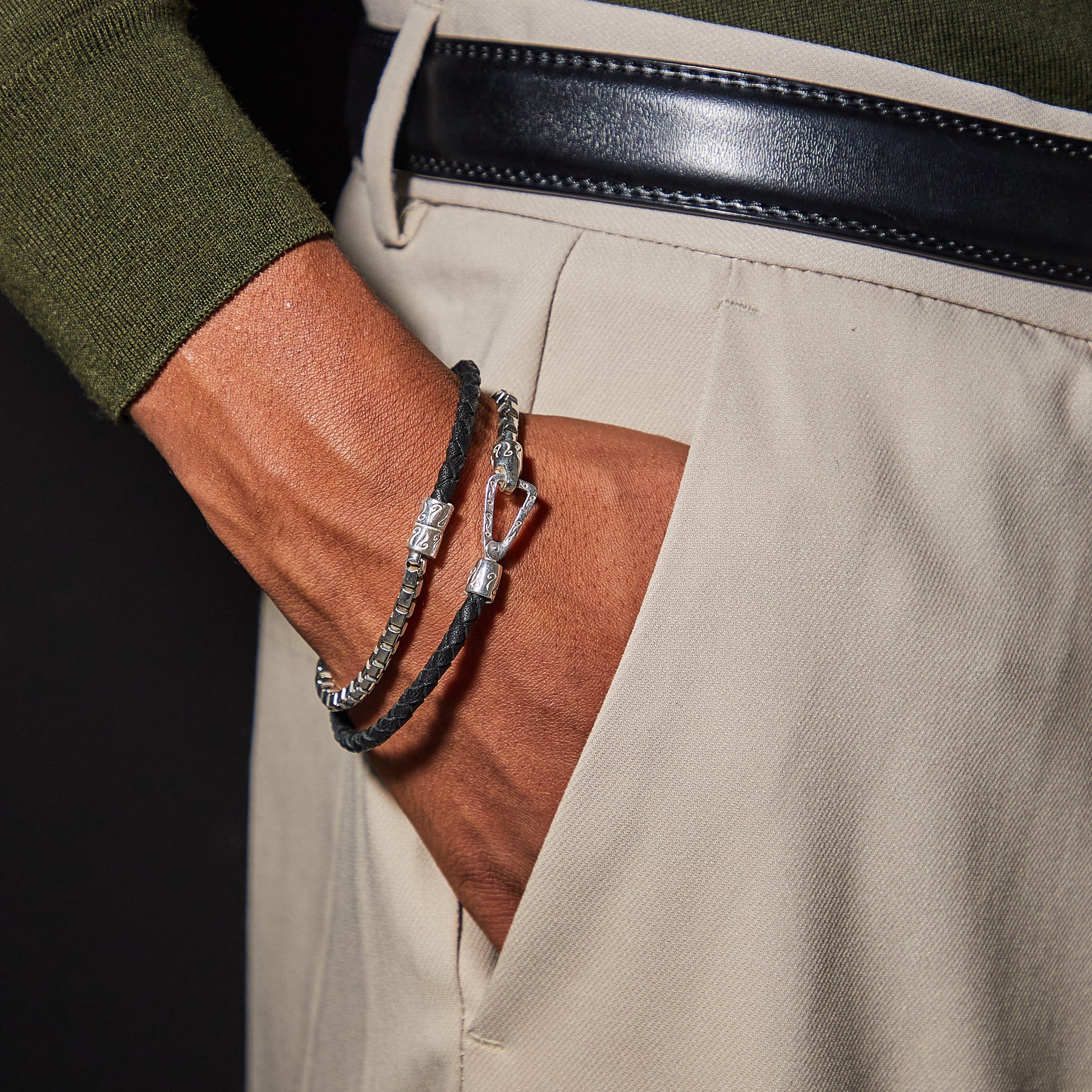 LASH Box Chain & Braided Leather Bracelet, Polished Silver, Black Leather-Model View