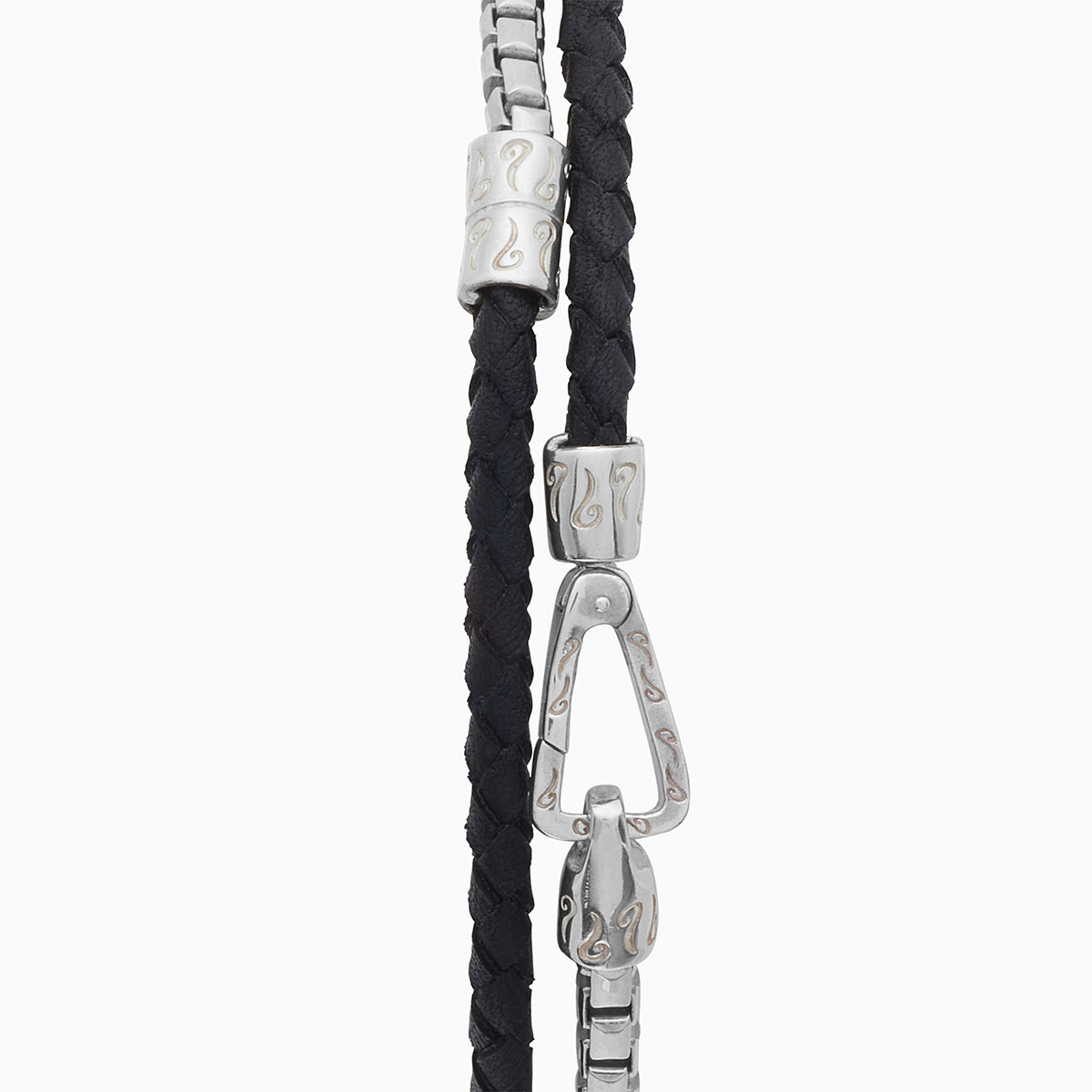 LASH Box Chain & Braided Leather Bracelet, Polished Silver, Black Leather-Close View