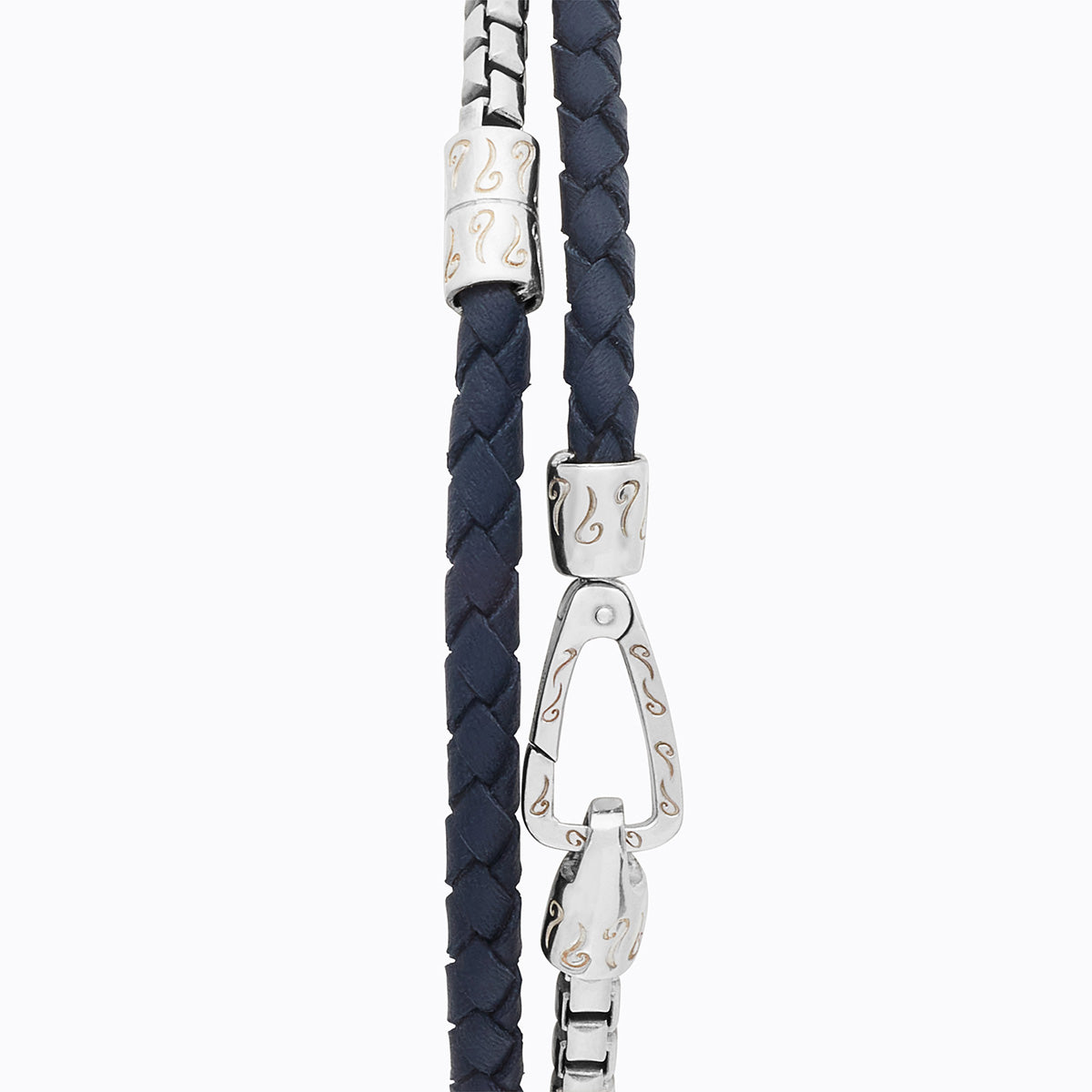 LASH Box Chain & Braided Leather Bracelet, Polished Silver, Blue Leather-Close View