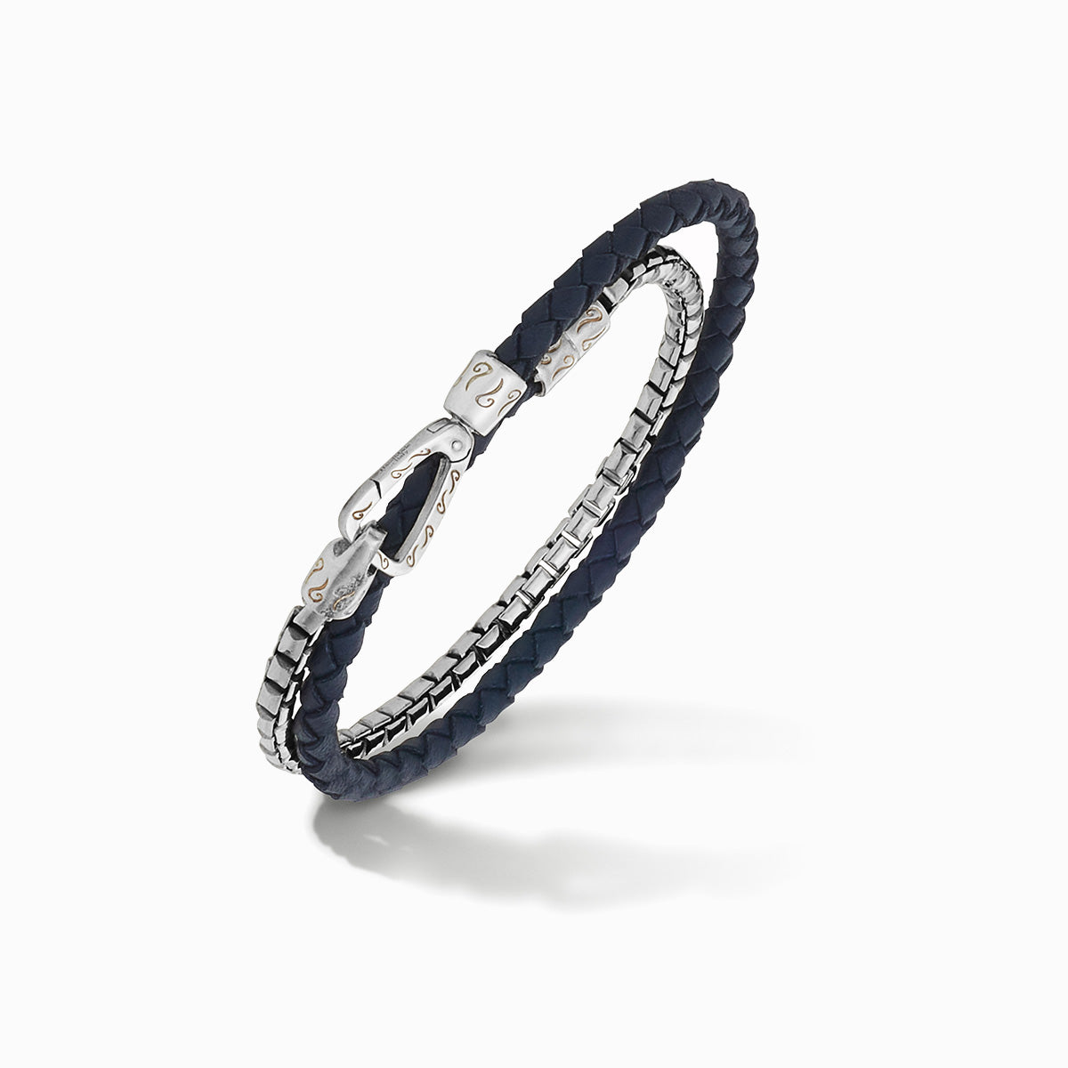 LASH Box Chain & Braided Leather Bracelet, Polished Silver, Blue Leather-Standard View