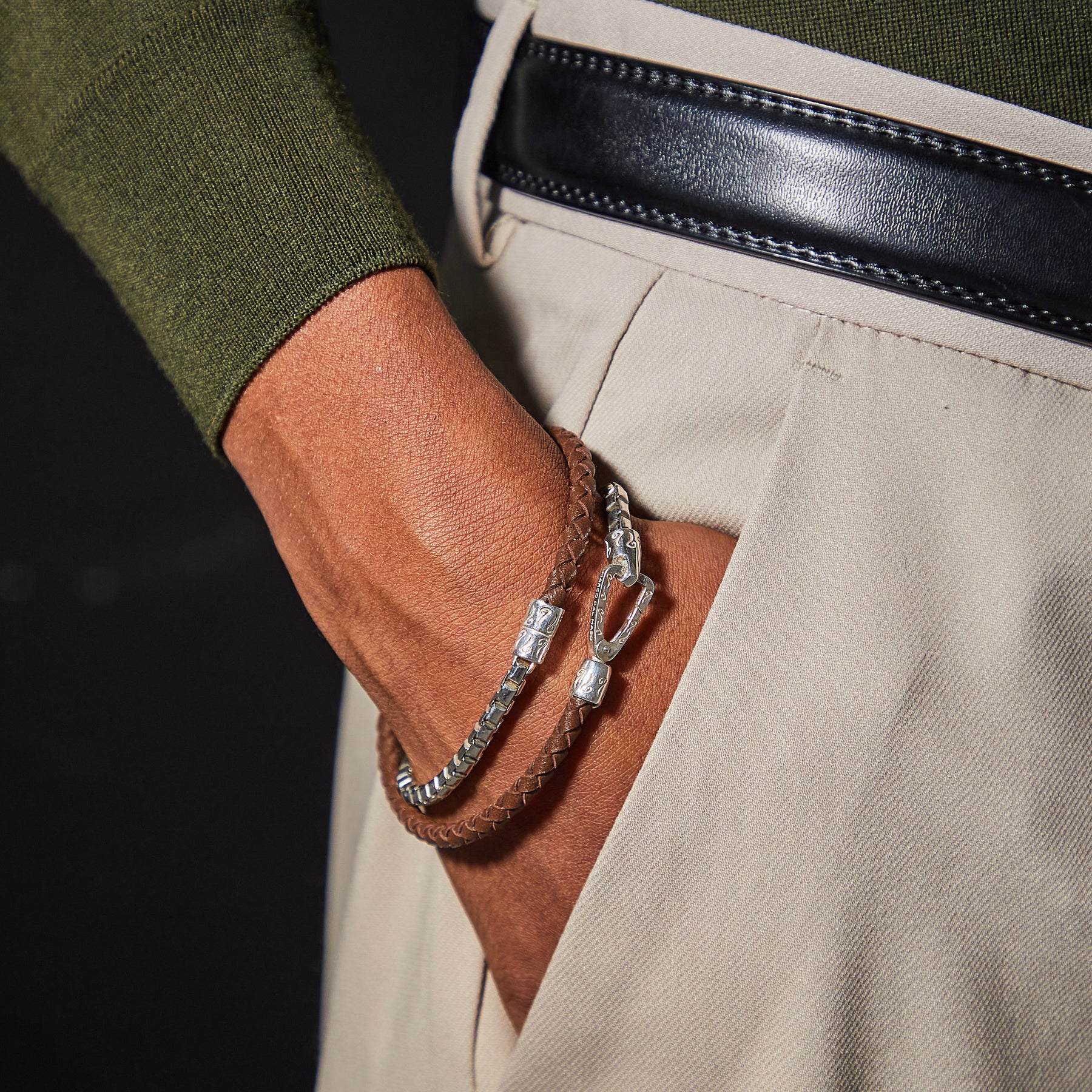 LASH Box Chain & Braided Leather Bracelet, Polished Silver, Brown Leather-Model View