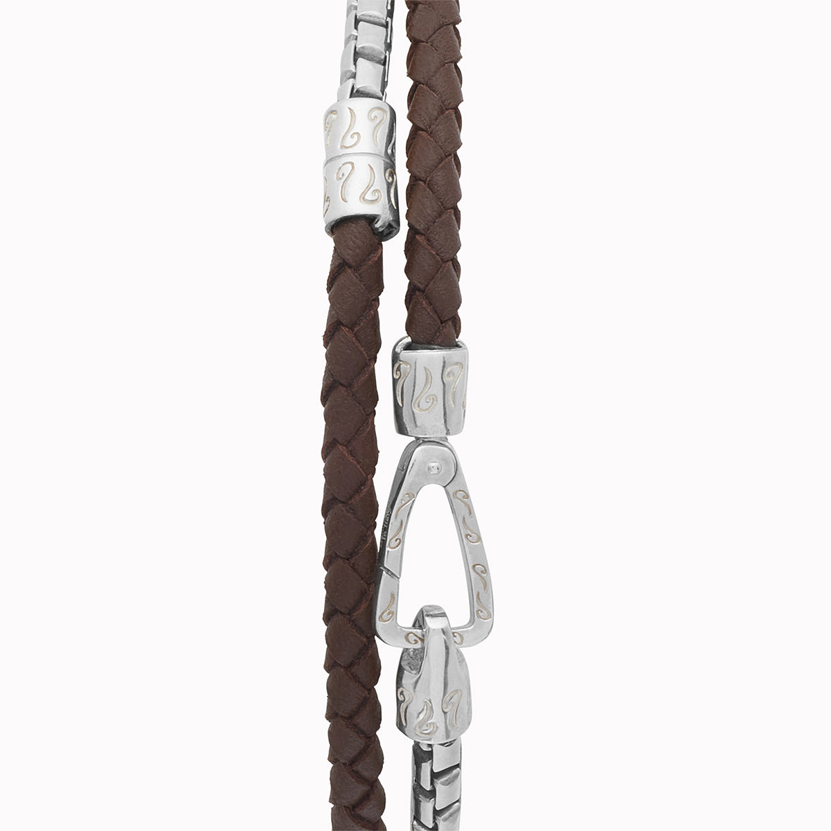 LASH Box Chain & Braided Leather Bracelet, Polished Silver, Brown Leather-Close View