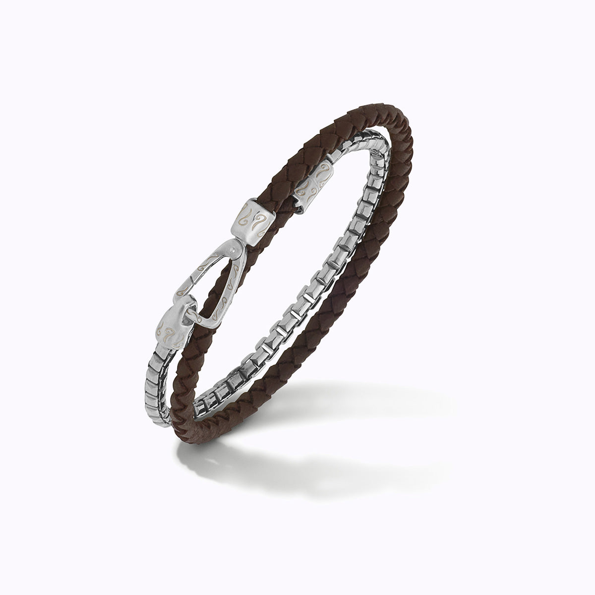 LASH Box Chain & Braided Leather Bracelet, Polished Silver, Brown Leather-Standard View